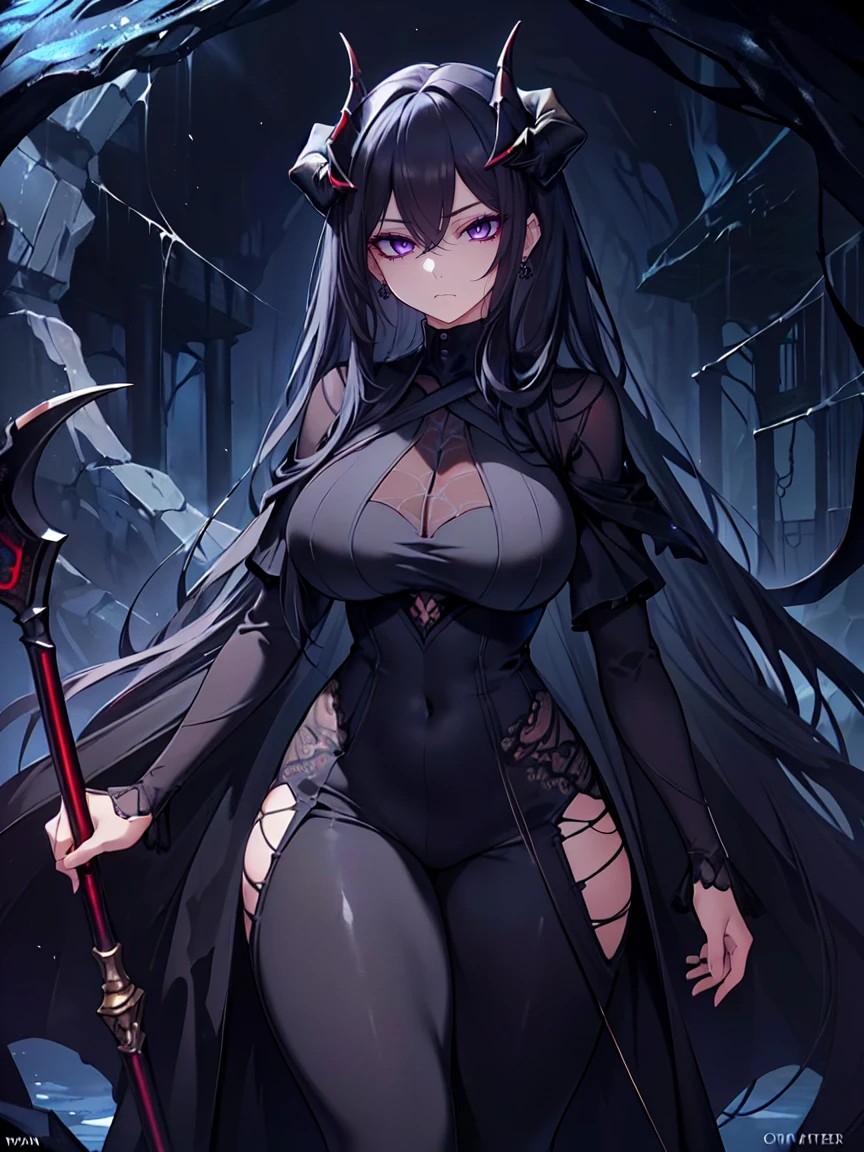 (Uhd, Masterpiece, Textured Skin, Super Detail, High Details, High Quality, Best Quality), Detailed Face, 1woman, mature pretty woman, ((wide hips, thick thighs)), ((Long Dark Blue eyes hair)), ((Black Sexy Rpg dress), (Pants), (Spider, Web, Silk), (Oni Horns), (standing, inside a dark cave full of cobwebs), (Holding a Scythe)