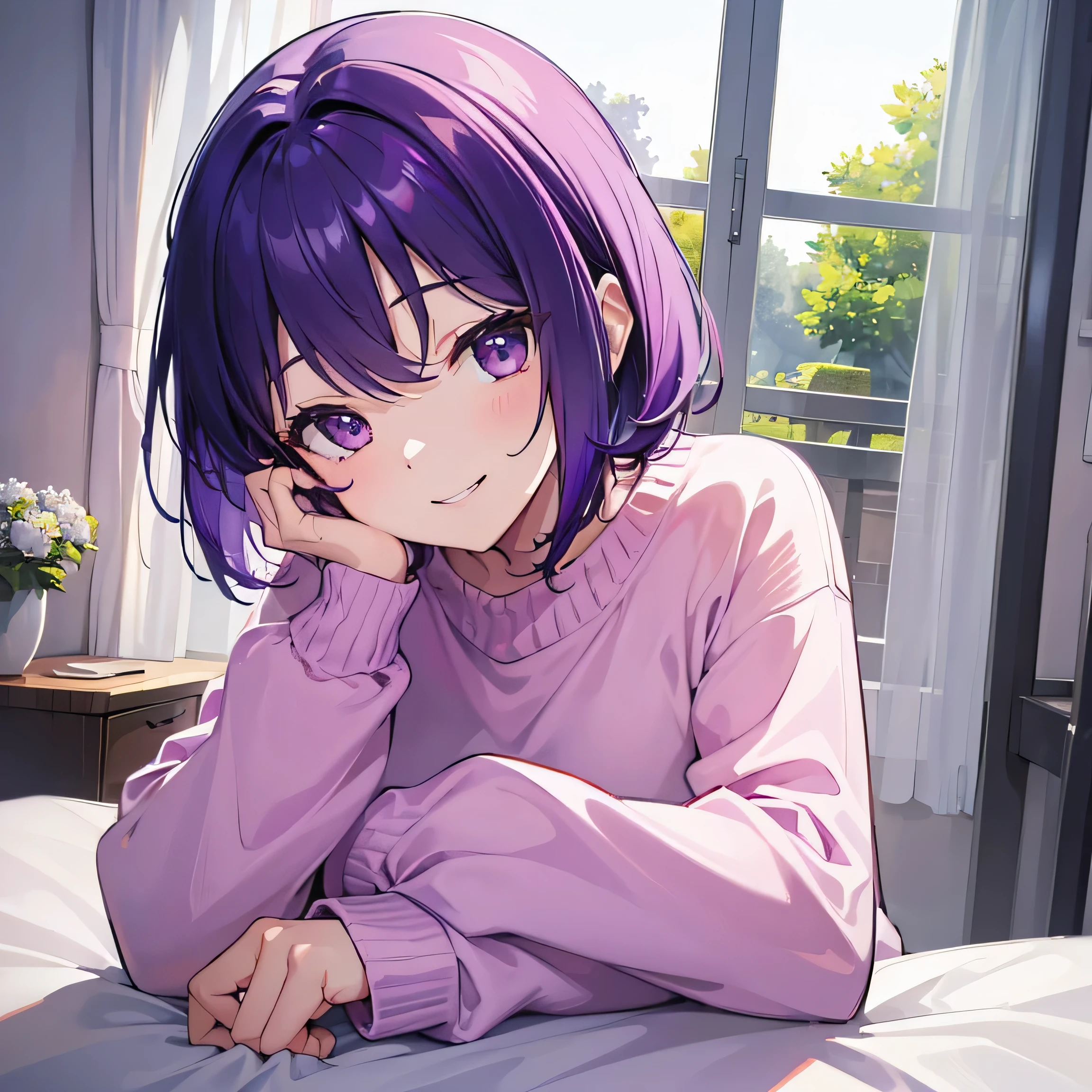 (T Masterpiece,4k wallpaper,Best Quality))、((girl1people))、(solo)、Bright and Brilliant,(Purple Hair)、(Shortcuts:1.3)、smile、Bedroom、sweater、morning