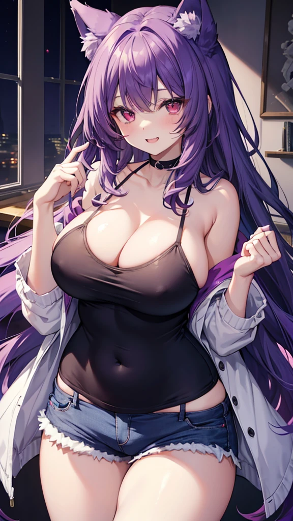 Wolf Girl, Large Breasts, Voluminous purple hair, masterpiece , Red eyes, hd, Thick thighs, Head to Chest, buried in my chest、Underboob、Double teeth、tooth、camisole、Chubby、Grinning、Shorts