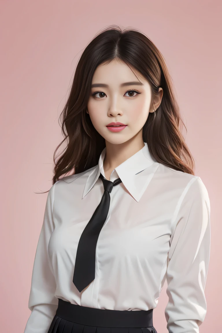 Generate with SFW, (1 girl:1.3), Upper Body Shot, Japanese, 17 year old supermodel, the body is slim, high school girl, (from before), (highest quality:1.4), 32k resolution, (Realistic:1.5), (Ultra-realistic:1.5), High resolution UHD, (masterpiece:1.2)), (Improvement of quality:1.4), (Very beautiful facial details), (Highest quality realistic skin texture:1.4), (Perfect Anatomy:1.2), (Are standing:1.37), ((school uniform)), ((Black tie, White long sleeve blouse shirt:1.21)), Black pleated skirt, (Do not emphasize the top of the bust), ((pink background color:1.15)), Accurate Fingers, Very detailed, Symmetrical eyes, Fine eyelashes, Thinly trimmed eyebrows, View audience, Natural Makeup, [Pink lipstick], ((A good eye for quality:1.2)), (tired, Sleepy and satisfied:0.0), (Beautiful Lips:1.33), (Great nose:1.2), ((Physically Based Rendering of the Background:1.37)), (medium breast), Tight waist, (Heavy chest:1.05, slim lower body), Brown Hair, (natural wave hair :1.37), Anxious face, Gentle light illuminates the face and body, Spectacular and inspiring cinema lighting, arms at sides, naughty smile,