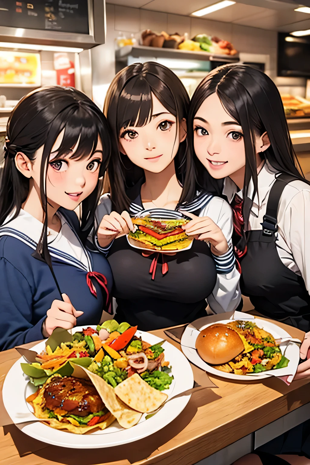 highest quality、High resolution、Detailed Background、(Beautiful face in every detail:1.4)、Anatomically correct、(Draw the usual number of fingers:1.2)、(Detailed facial expressions)、(Detailed eyes:1.2)、(Detailed eyes:1.2)、Beautiful, smooth skin、Beautiful girl in her 20s、(Huge breasts:1.3)、(Highly detailed face:1.4)、Brown Hair、Black Hair、ponytail、Bobcut、Braided long hair、Wavy Hairstyle、well-groomed eyebrows、Perfect body line、Sailor suit、light blue sailor color、Pleated skirt with tartan plaid pattern、Brightly colored school cardigans、White knee-high socks、In a joking manner、Fast food restaurants、Cowboy Shot、
(Three beautiful girls enjoying Asian food:1.5)、
Asian cuisine is also a popular choice.、ramen、sushi、Korean cuisine、Thai cuisine etc.々Asian cuisine is served as fast food.、
Subway is a fast food chain that specializes in healthy sandwiches.、
The reason it is popular among young people is that it is customizable, allowing you to choose your own ingredients, and that you can enjoy a healthy sandwich.、cute