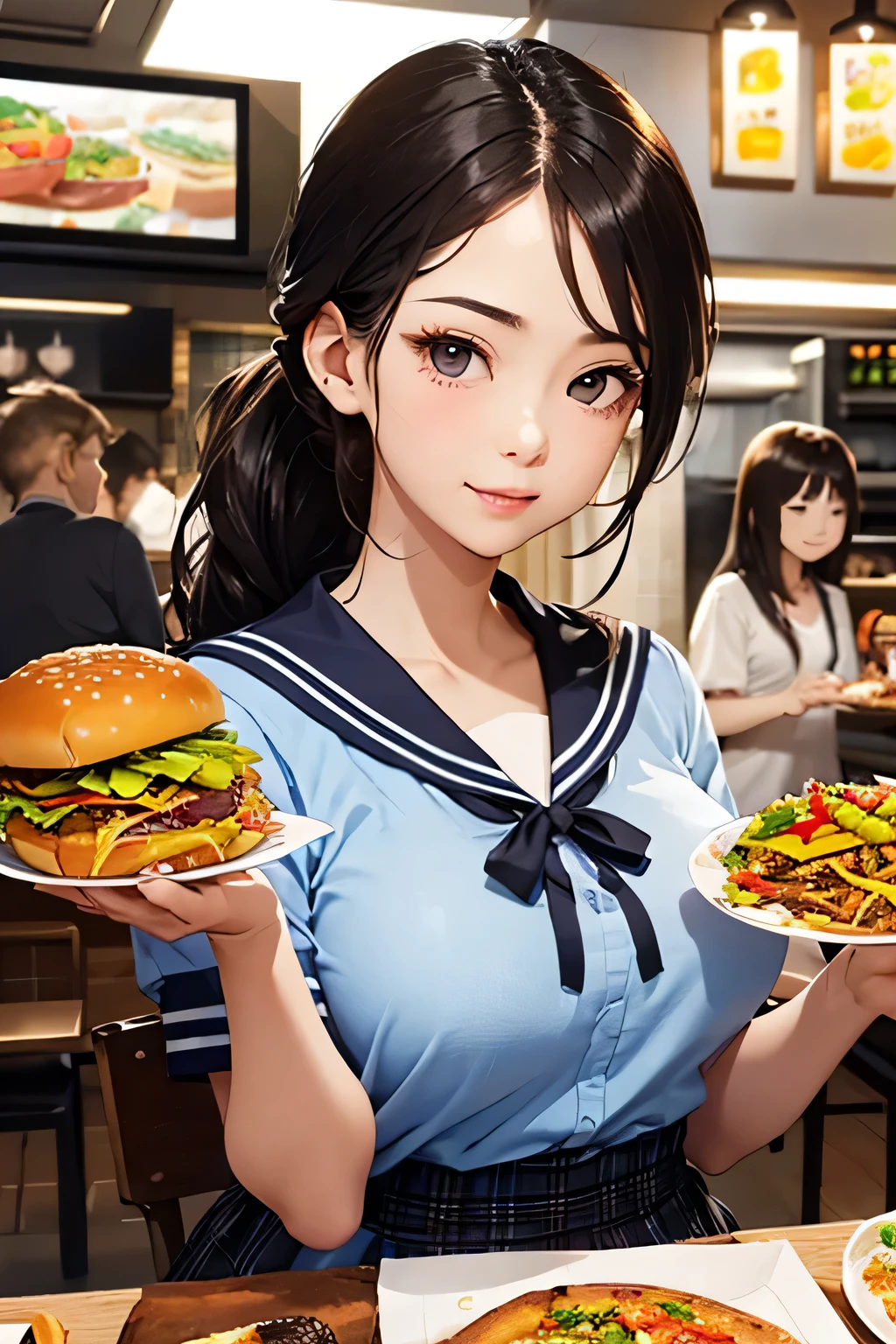 highest quality、High resolution、Detailed Background、(Beautiful face in every detail:1.4)、Anatomically correct、(Draw the usual number of fingers:1.2)、(Detailed facial expressions)、(Detailed eyes:1.2)、(Detailed eyes:1.2)、Beautiful, smooth skin、Beautiful girl in her 20s、(Huge breasts:1.3)、(Highly detailed face:1.4)、Brown Hair、Black Hair、ponytail、Bobcut、Braided long hair、Wavy Hairstyle、well-groomed eyebrows、Perfect body line、Sailor suit、light blue sailor color、Pleated skirt with tartan plaid pattern、Brightly colored school cardigans、White knee-high socks、In a joking manner、Fast food restaurants、Cowboy Shot、

(Three beautiful girls enjoying fast food:1.5)、

Hamburger chain、The menu offers a wide variety of burgers and side dishes.、
They offer a wide range of desserts and also run advertising and campaigns aimed at young people.、
Pizza chain、Pizza is one of the most popular fast foodr.々A wide variety of pizzas and side dishes are offered.、
Mexican food、Tacos and burritos、Enjoy a wide variety of Mexican dishes, including nachos.、
Asian cuisine is also a popular choice.、ramen、sushi、Korean cuisine、Thai cuisine etc. Mr..々Asian cuisine is served as fast food.、
Subway is a fast food chain that specializes in healthy sandwiches.、
The reason it is popular among young people is that it is customizable, allowing you to choose your own ingredients, and that you can enjoy a healthy sandwich.、cute