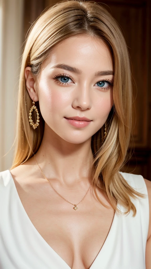 1 25 years old beautiful woman with casual cute hairstyle, Sexy posing for a portrait, Real raw photo with super detailed details, (Beautiful smooth glossy bright blonde hair woman), A very beautiful bright blonde woman, She blushes and smiles with love, Her face is turned upwards, (Well-cared for beautiful bright blonde hair), 16K Ultra Realistic Portrait, Photograph from the front of her, Camera angle of view from above, She is slim figure top model and famous movie actress, (She has very fine smooth and white skin), Breast enhancement, ((((1 European bright blonde woman)))), (The bright blonde eyebrows are slightly rounded shape), She has bittersweet feeling, Droopy eyes are moist and super thinly opened, Eyes drawn with precision in every detail, Form a gentle curve from cheek to chin, She is looking up at the camera from below, Her thick plump and shiny big lips are half-opened, Close-up photo of face, A person in the center left and right:1.0, The whole head is shown, She is wearing dark colored blouse and simple earrings and a simple necklace, Perfect natural makeup, Professional lighting like movies in her bedroom