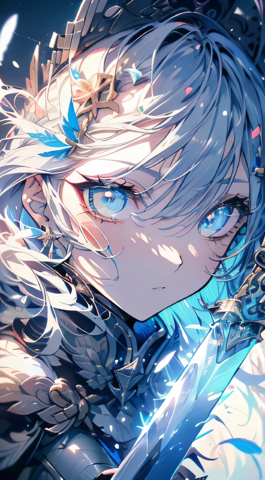(official art、highest quality、unity 8k wallpaper、32k、masterpiece、Super detailed、ultra high resolution、realistic、realism、very interesting:1.2)、(movie theater lighting:1.2)、Fire Effects、film grain、best shades、Edge Lighting、side light、(Super detailed and complex 3D rendering)、Delicate and beautiful face and eyes、sharp pupils、realistic student、Thin、１men and women、medium bust、(whole body:1.2)、 beautiful face、16 year old beautiful girl、(super fine skin、detailed skin texture:1.3)、(silver blonde、Blue-silver hair:1.3)、paladin、long hair、dull bangs、green eyes、3 strands, 1 bundle、(Blue Armor、blue boots、blue helmet、set with jewelry、gold embroidery)、Thin、long skirt、(thighs thighs thighs:0.8)、(Chis、inside the house、Art stained glass、large pipe organ、Hello、mystery、Many feathers floating、Angelic、particles of light、Severe、Sunshine is、colorful、wonderful:1.2)、(wonderful:1.3)、(Hold the holy sword:1.4)、wonderful、Laugh and laugh