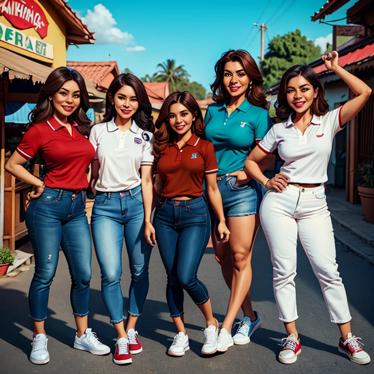 Realistic 3D full body caricatures of big heads, 4 Indonesian women with typical skin colors, fashionably dressed in a random colour polo shirt with a cropped waist, jeans, smiling, sneakers, long wavy brown hair, blue eyes, funny and joke posing sideways. Right arm pointing upwards mini market traditional background illustration render photo realistic 4k ready to print v0.2