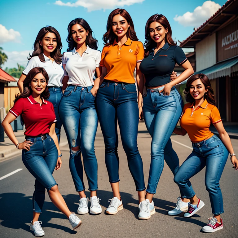 Realistic 3D full body caricatures of big heads, 4 Indonesian women with typical skin colors, fashionably dressed in a random colour polo shirt with a cropped waist, jeans, smiling, sneakers, long wavy brown hair, blue eyes, funny and joke posing sideways. Right arm pointing upwards mini market traditional background illustration render photo realistic 4k ready to print v0.2