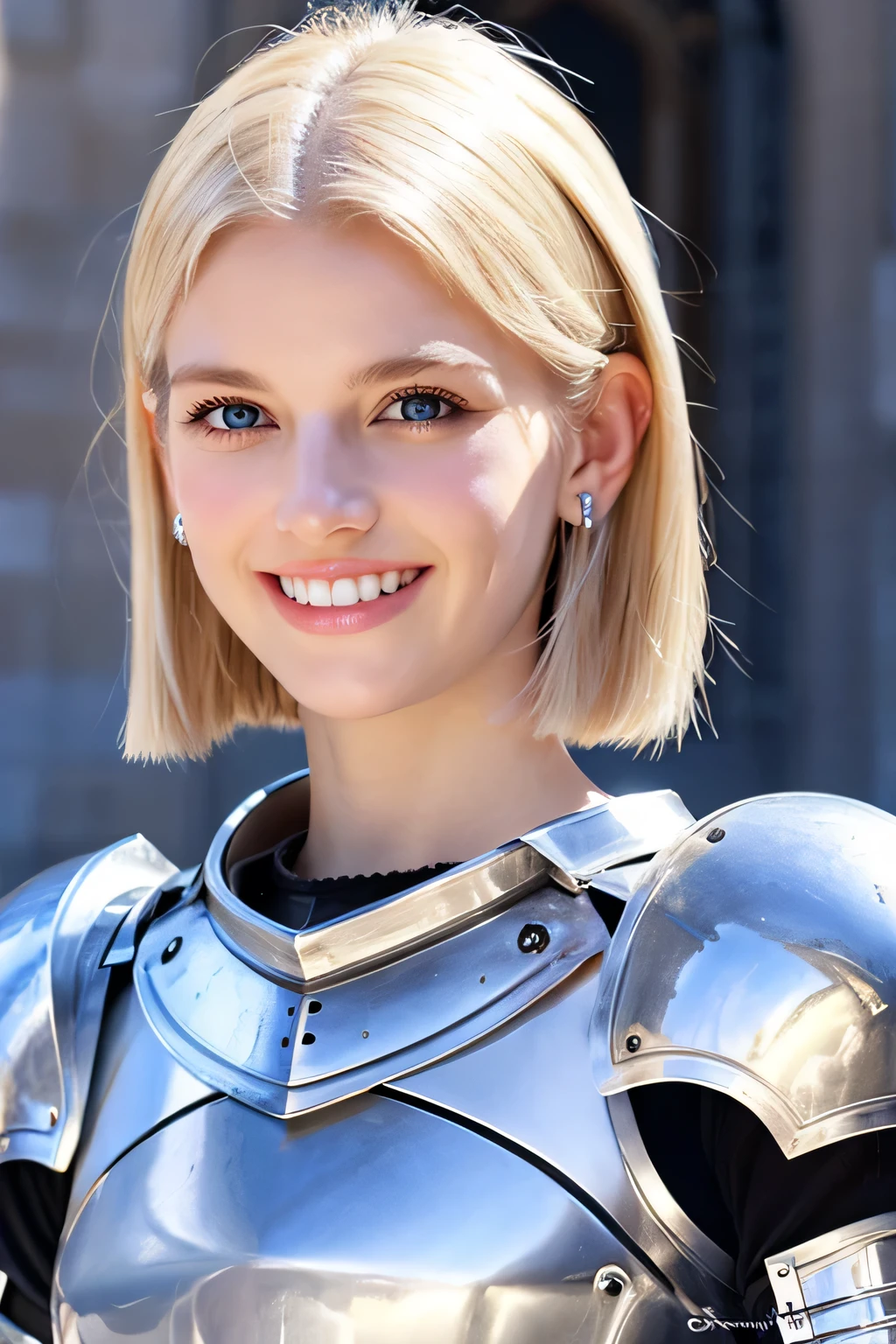 8K、highest quality、female knight、Luxurious Silver Armor、、hairstyle short cut、smile、Beautiful Teeth、Full body photo、ear piercing、blonde、White woman、blue eyes、Heavy makeup、The background is inside the castle