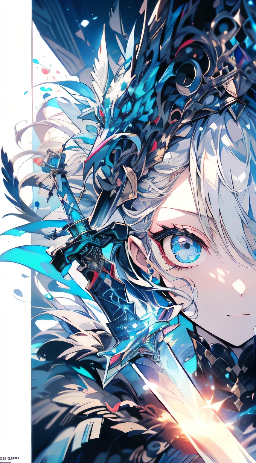 (official art、highest quality、unity 8k wallpaper、32k、masterpiece、Super detailed、ultra high resolution、realistic、realism、very interesting:1.2)、(movie theater lighting:1.2)、Fire Effects、film grain、best shades、Edge Lighting、side light、(Super detailed and complex 3D rendering)、Delicate and beautiful face and eyes、sharp pupils、realistic student、Thin、１men and women、medium bust、(whole body:1.2)、 beautiful face、16 year old beautiful girl、(super fine skin、detailed skin texture:1.3)、(silver blonde、Blue-silver hair:1.3)、paladin、long hair、dull bangs、green eyes、3 strands, 1 bundle、(Blue Armor、blue boots、blue helmet、set with jewelry、gold embroidery)、Thin、long skirt、(thighs thighs thighs:0.8)、(Chis、inside the house、Art stained glass、large pipe organ、Hello、mystery、Many feathers floating、Angelic、particles of light、Severe、Sunshine is、colorful、wonderful:1.2)、(wonderful:1.3)、(Hold the holy sword:1.4)、wonderful、Laugh and laugh
