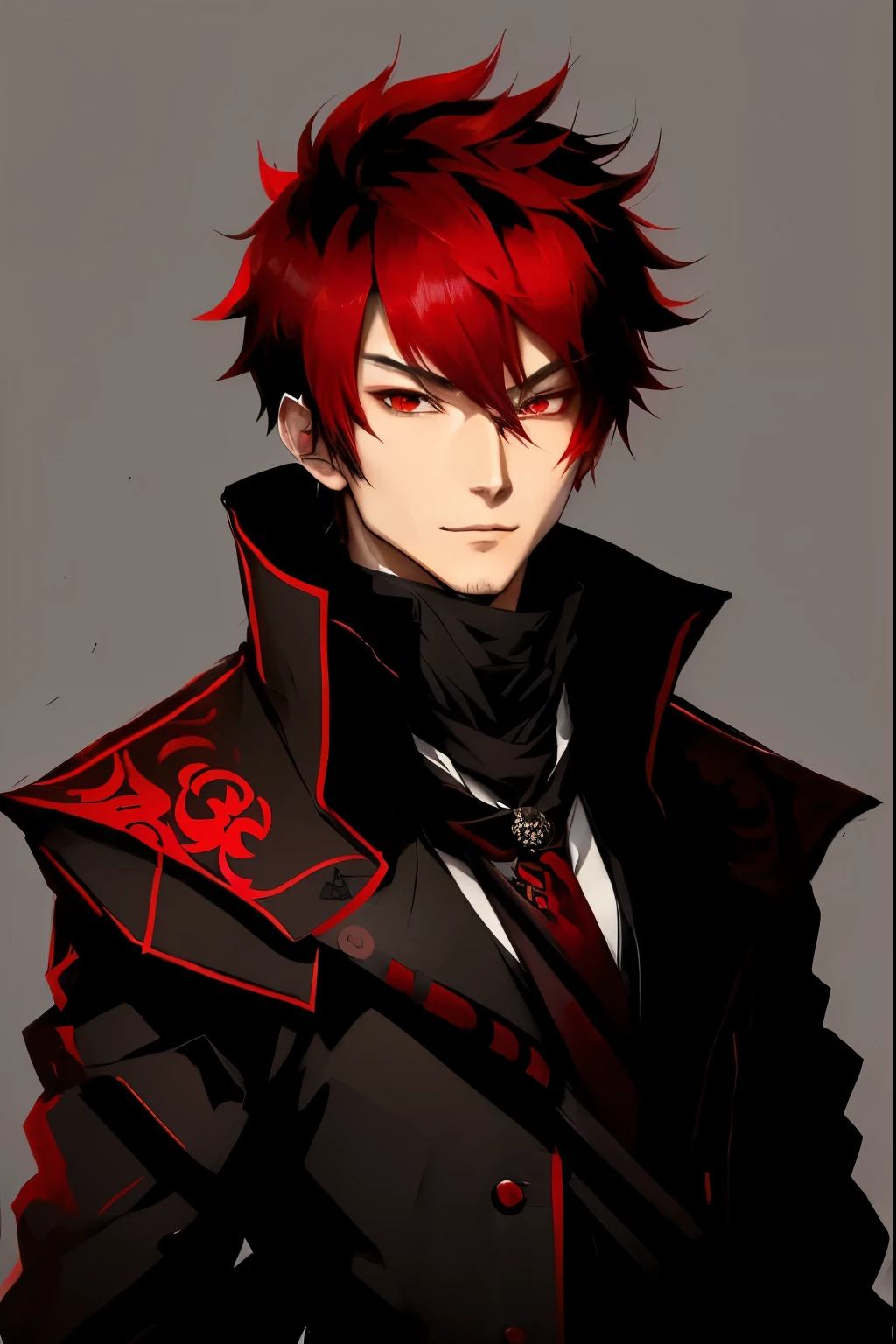 anime - style image of a man with red hair and a black jacket, nobutaka ike, inspired by Okumura Masanobu, handsome japanese demon boy, evil devious male, hijikata toushirou, trigger anime artstyle, male anime character, with red hair, his eyes glowing red, roguish smirk, menacing look, full body image, show front full body view