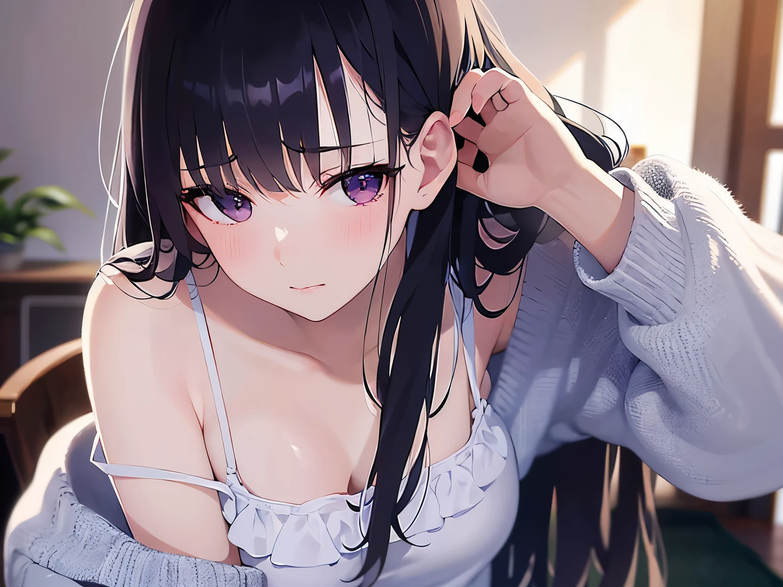 looking up, Upper Body, Realistic, real person, (pale skin: 1.2), RAW photo, photorealistic, portrait photography, shiny skin, shiny hair、(A 25-year-old woman with straight hair and bangs) and (medium hair) and (black hair) and (purple eyes) and (closed eyes), (white) and (Off-the-shoulder blouse) and (long sleeve) 、Cleavage、(face waiting for kiss:1.3), (embarrassed:1.3), The background is the living room、Alone、Are standing