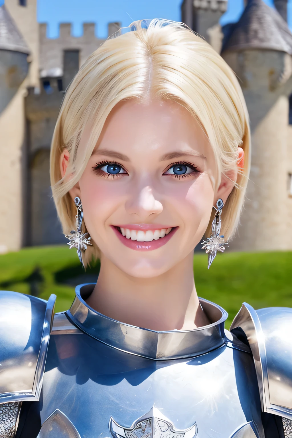 8K、highest quality、female knight、Luxurious Silver Armor、、hairstyle short cut、smile、Beautiful Teeth、Full body photo、ear piercing、blonde、White woman、blue eyes、Heavy makeup、The background is inside the castle