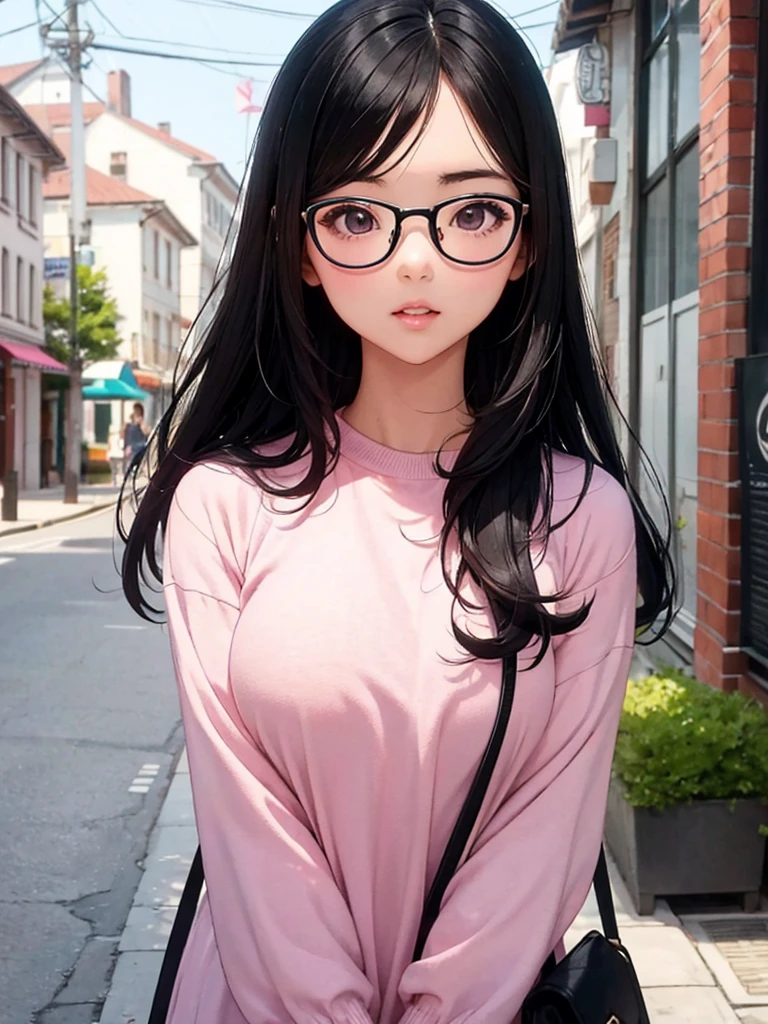 high school girl、Round Glasses、White skin、Pink plump lips、Black Hair、Straight Hair、Bob、Depiction of the upper body、View your viewers、Blushing、Open your lips、Highest quality、Retro townscape