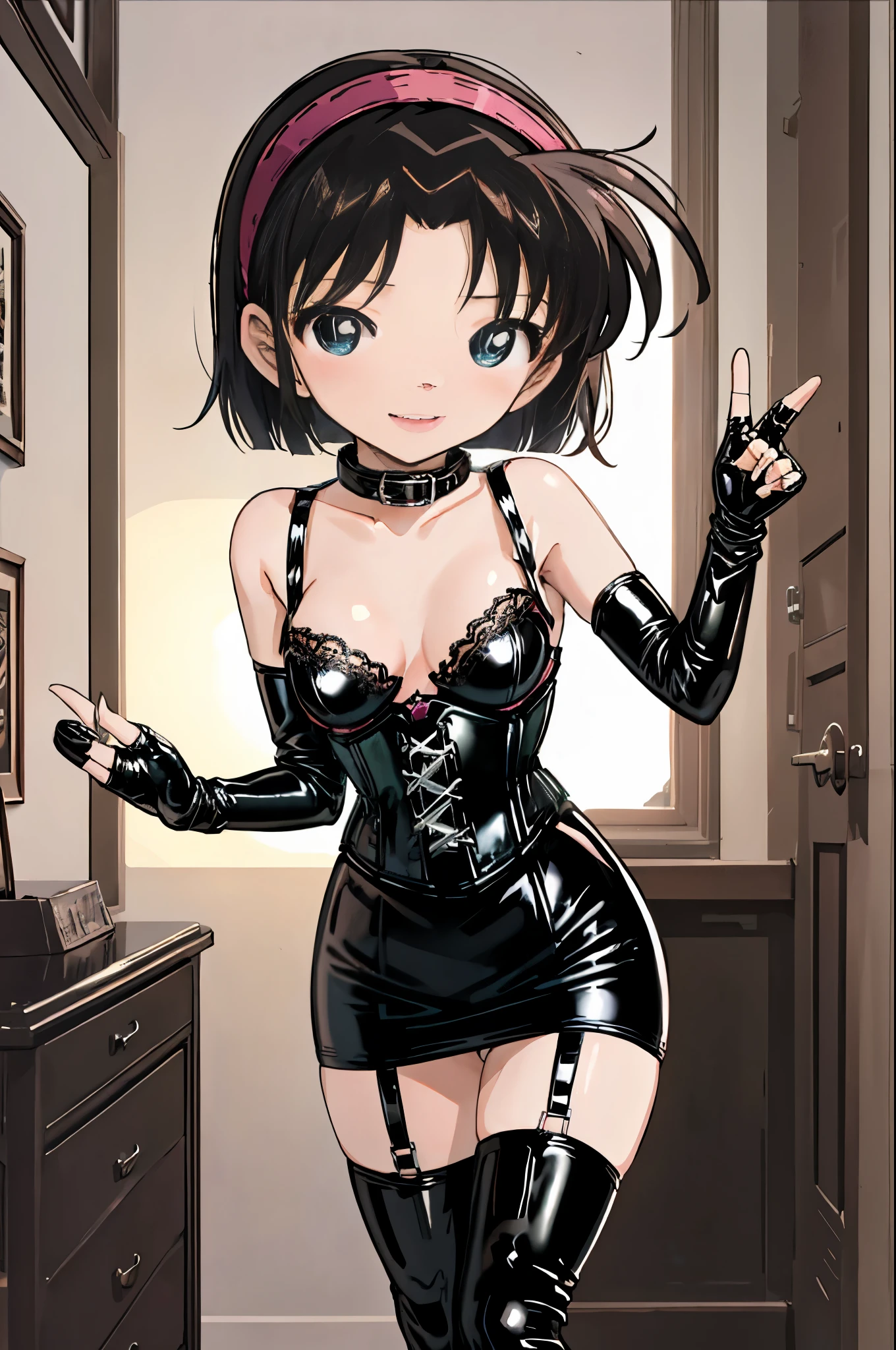 (((chibi)))、(((Lori)))、(((low length)))、(((Child body type)))、(((Elementary school girl)))、Slightly chubby、BDSM、Queen、mistress、One girl、solo、(((Long gloves covered to the fingertips in black latex:1.4 )))、(((Black latex corset dress:1.4)))、(((The corset dress is decorated with beautiful lace.)))、(((corset dress with shoulder straps)))、(((Black latex tight mini skirt:1.4)))、(((Black Thigh Boots)))、Stiletto heels、(((Black latex panties)))、(((Black latex bra)))、(((Black leather collar)))、(((Sexy pose)))、Wide-open legs、(((Erotic)))、(((Cowboy Shot)))、Ayumi Yoshida, , blue eyes, short hair, Brown Hair, bangs, hair band, Short dress, smile, Are standing, Bedroom 