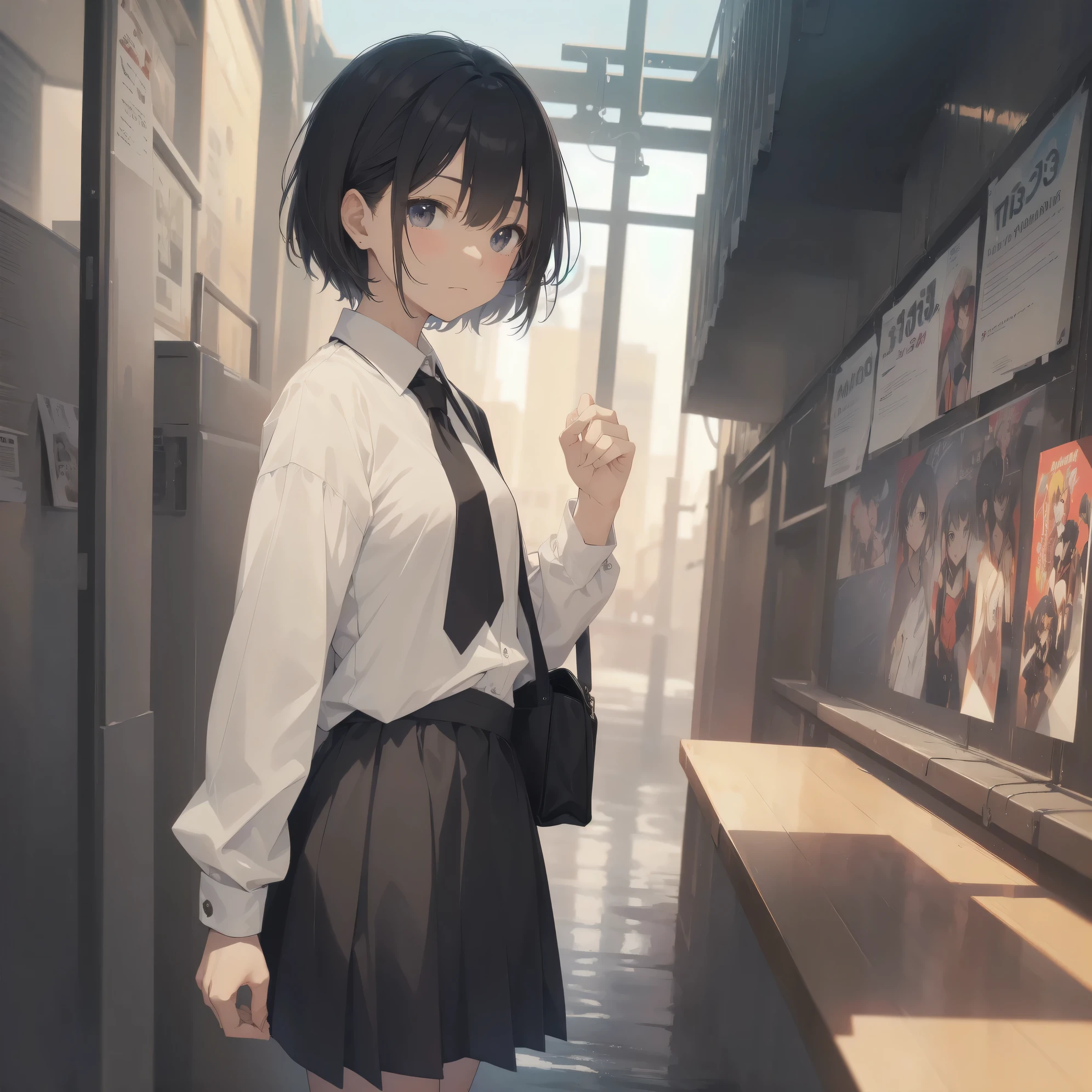 ultra-absurdres-Top quality by artist God, ultra-detailed, high resolution, anime moe artstyle, best anime 8k konachan wallpaper, pixiv contest winner,pool:2810, perfect anatomy,break, 1girl, (Please draw a girl walking sleepily to school alone. )break,(Solo,little female, -yeld:1.Full limbs, complete fingers,a junior hishort hair), short cut, flat chest, , small butt, small black eyes, beautiful detailed eyes, well-proportioned iris and pupils, expressive eyes, highres detailed hair, soft expression, school_uniform, official_alternate_costume, neckerchief, collared shirt. pleated skirt,(Detailed Lighting), (Detailed background), in the School commute route. break,super detailed skin, Best cinematic lighting powered by famous artist, 8k,beauty illustration,photoshop_(medium),very aesthetic,break,((artist:ciloranko )), artist:bolze ,artist:oyari_ashito ,artist:kantoku ,