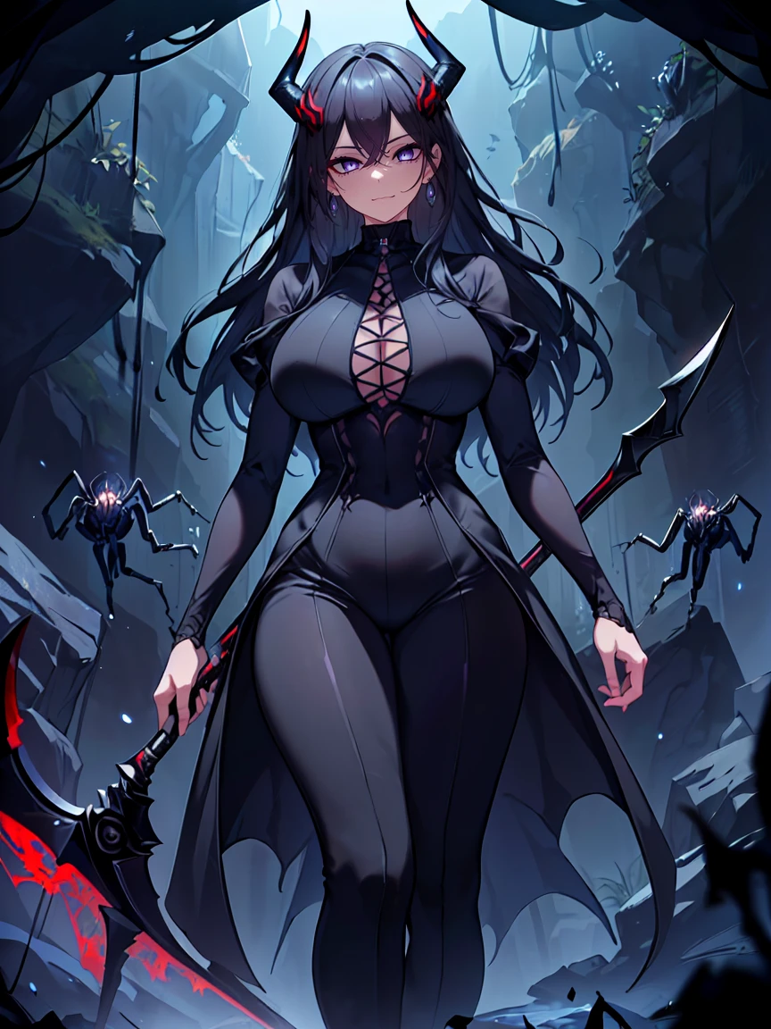 (Uhd, Masterpiece, Textured Skin, Super Detail, High Details, High Quality, Best Quality), Detailed Face, 1woman, mature pretty woman, ((wide hips, thick thighs)), ((Long Dark Blue eyes hair)), ((Black Sexy Rpg dress), (Pants), (Spider, Web, Silk), (Oni Horns), (standing, inside a dark cave full of cobwebs), (Holding a Scythe)