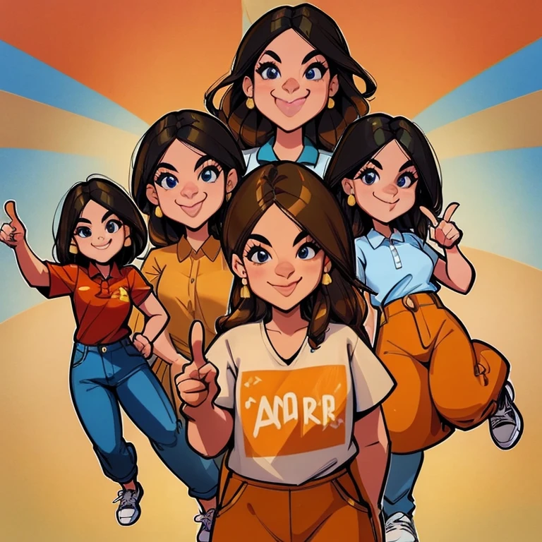 Realistic 3D full body caricatures of big heads, 4 Indonesian women with typical skin colors, fashionably dressed in a random colour polo shirt with a cropped waist, jeans, smiling, sneakers, long wavy brown hair, blue eyes, funny and joke posing sideways. Right arm pointing upwards mini market traditional background illustration render photo realistic 4k ready to print v0.2