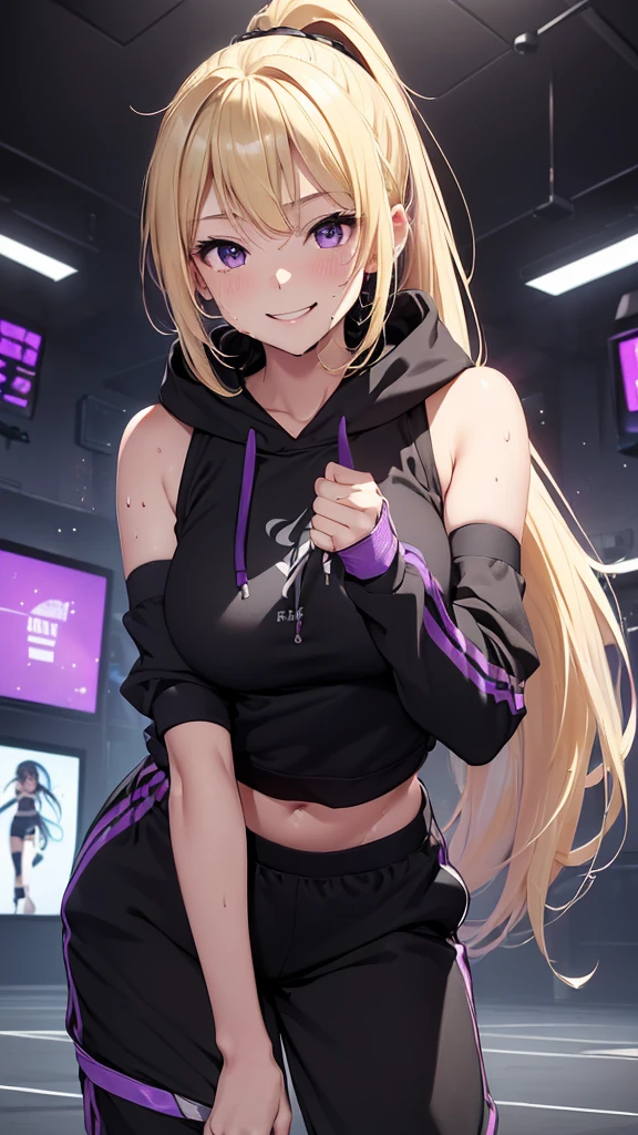 最high quality、best image quality、masterpiece、girl((20-year-old、 By becoming、vest bust、medium bust,wide open breast tea、Shining eyes, blonde、long hair、thin,highest valley、ponytail、action of looking up、Bandage on right arm、Black and purple hoodie with a wide open chest、short belly sports trousers、cool pose、holding a black smartphone、sweating、smile、movement of leaning forward)),high quality、beautiful art、background((cyber sports gym))、flight、debris flies、Depth of written boundary、movie、visual art、perfect art、8K,genuine、