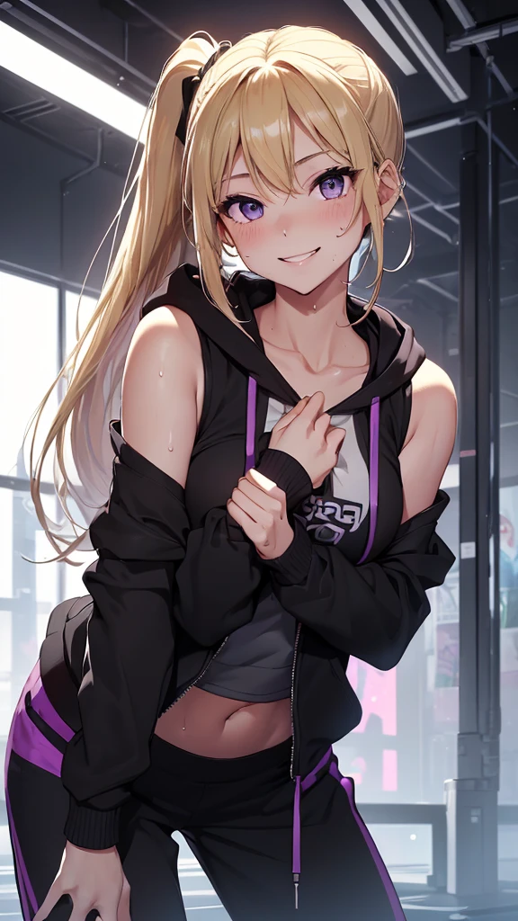 最high quality、best image quality、masterpiece、girl((20-year-old、 By becoming、vest bust、medium bust,wide open breast tea、Shining eyes, blonde、long hair、thin,highest valley、ponytail、action of looking up、Bandage on right arm、Black and purple hoodie with a wide open chest、short belly sports trousers、cool pose、holding a black smartphone、sweating、smile、movement of leaning forward)),high quality、beautiful art、background((cyber sports gym))、flight、debris flies、Depth of written boundary、movie、visual art、perfect art、8K,genuine、