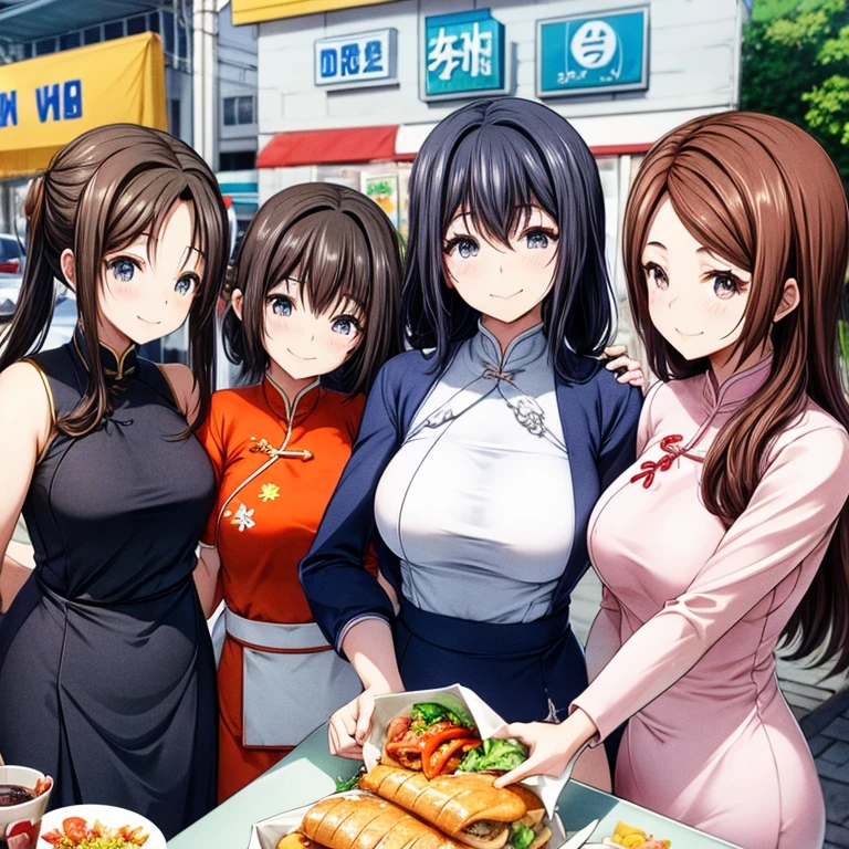 Vietnamese people wearing ao dai Eating banh mi at a Vietnamese food stall No bra Tight Ao Dai