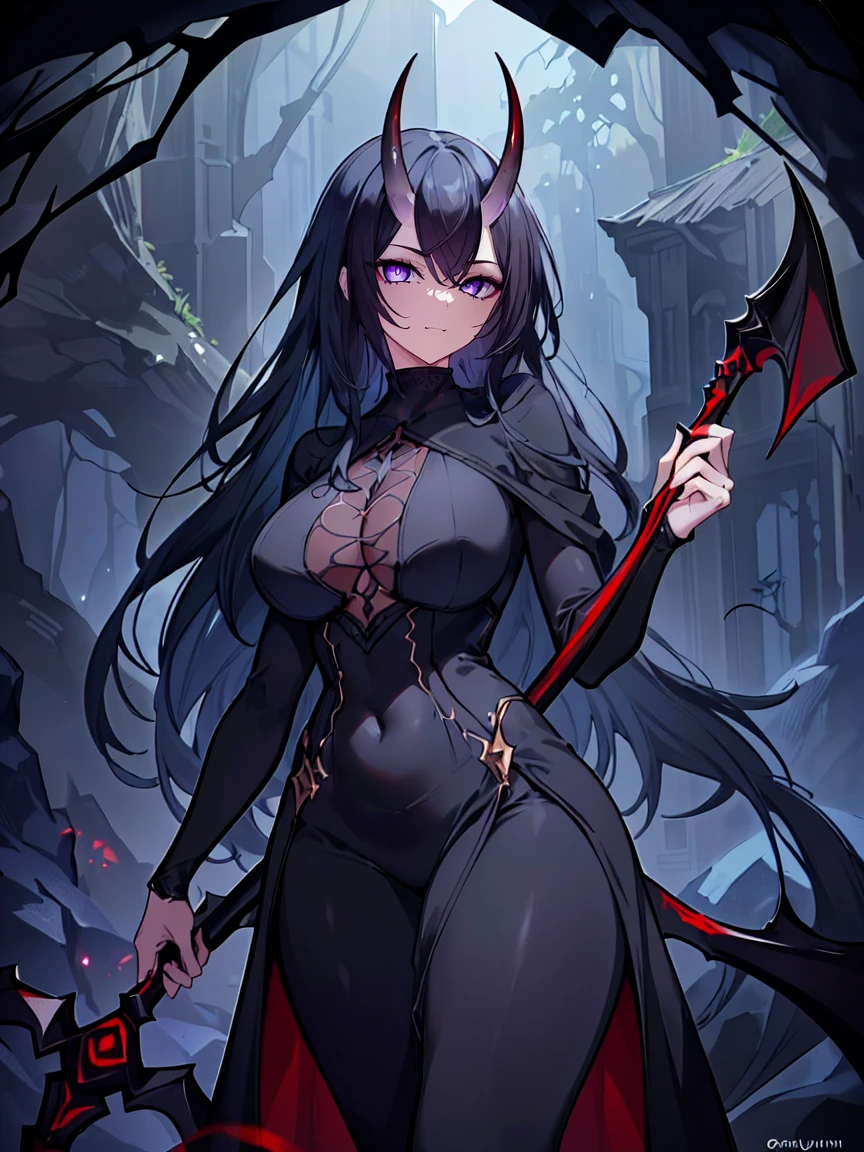 anime - style image of a woman dressed in a costume with horns and a sword,Military commander,restrained,pussy juice,torn clothes,skindantation,Black Hair,show off panties,cleavage cutout,topless,skindantation,top-down bottom-up