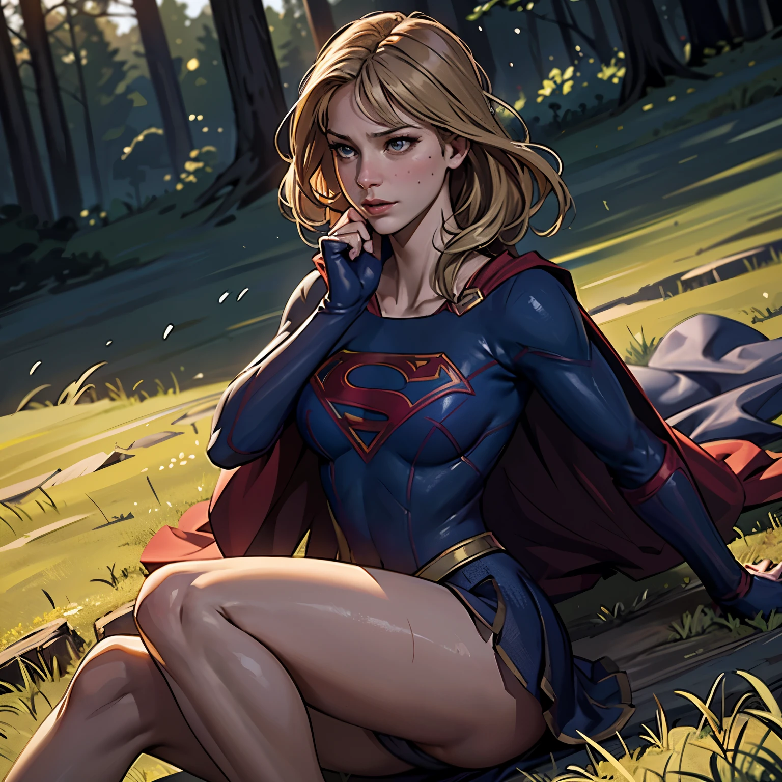 ((highest quality)), ((masterpiece)), (be familiar with), (High definition), (Realistic), (Realistic), (Best Shadow), Low contrast, (Complex:1.4), Side lighting, 8K, ((melissa Benoist)), ((SUPER GIRL)), Perfect Face、Detailed、(Accurate hand and finger depiction)、supergirl women、Blonde、Voluptuous body、(Large Breasts)、Narrow waist、(Big Ass)、Alluring、glamorous、(Lying on the ground:1.2)、(Anguished expression)、sweating、On the grass、in the deep forest、blue sky