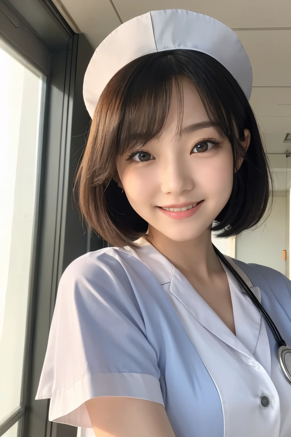 (1 Girl)、(Beautiful Japanese、18years old,round face、Refreshing、clear、seems kind、stylish、Pitiful、cute like an angel、cute、black eyes、,actress,Almond-shaped eyes), Good style , (Beautiful big breasts:1.0),(soft breasts),(very cute),(Black Hair),(short bob hair),(enchanting eyes),(highlight on eyes:1.2)、(8K、Live shooting、highest quality、masterpiece:1.2、optimal lighting)、((masterpiece)),(Photo taken by a professional photographer),(real、photo real:1.4),break,{ (White nurse costume),(((taraditional nurse uniform))),(White nurse mini skirt),(( pantyhose)),(cleavage:0.7)},(Smile),(cheeks are red:1.2), break, break,Hospital,Face shot、Hospital corridor、Happy smile、Face close-up、