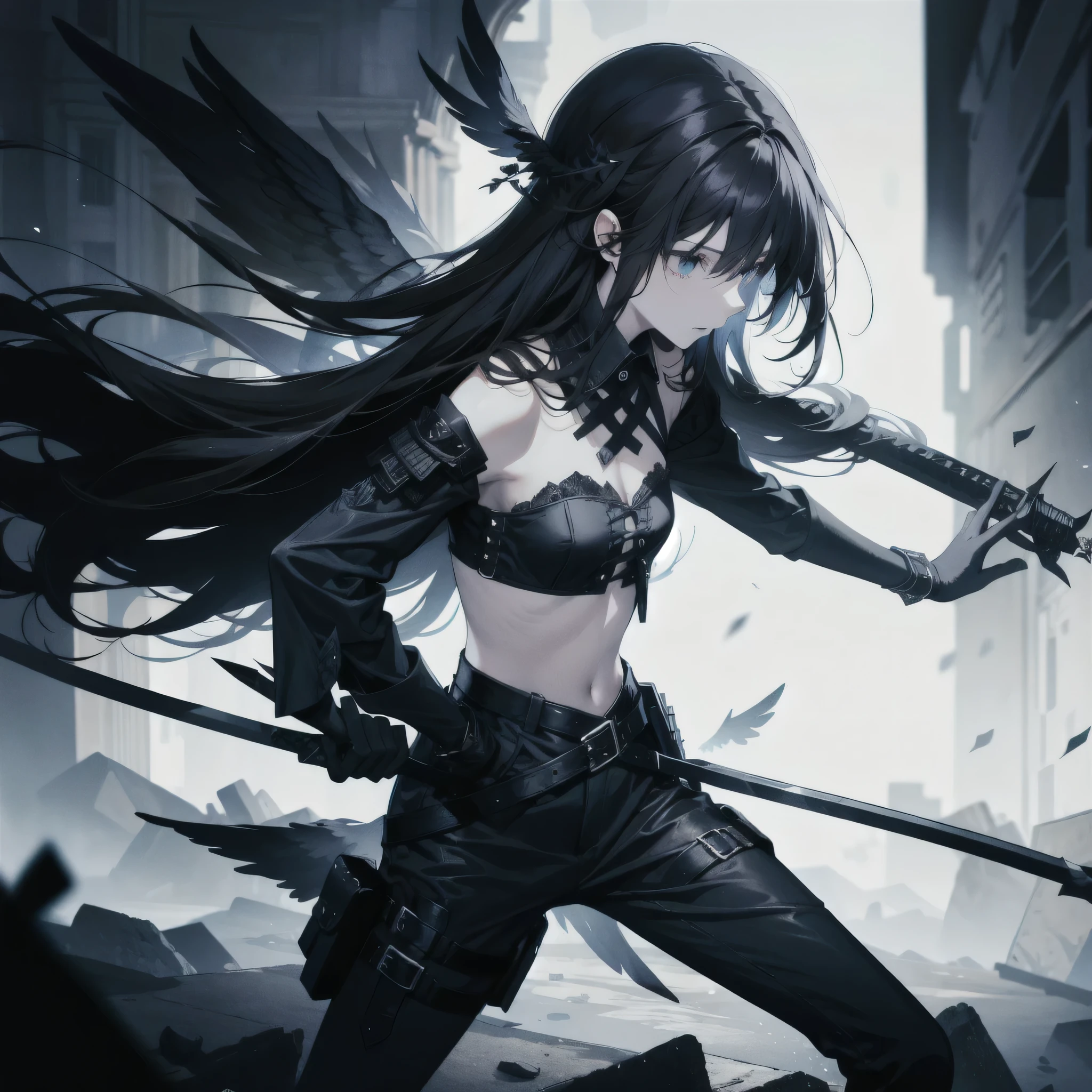 Fallen Angel 6Pieces of black wings Cool look Holding a sword
