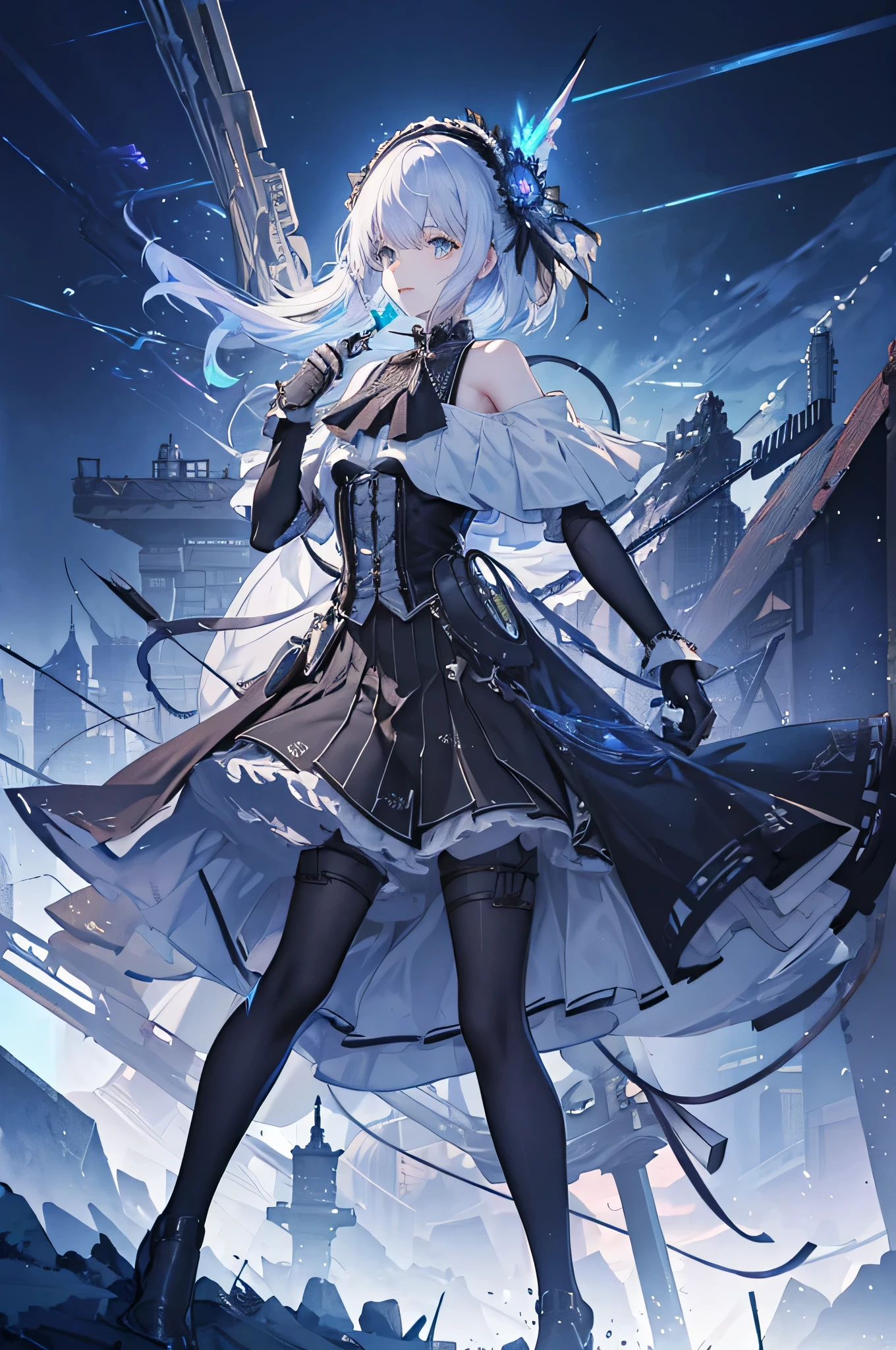 ((Best Quality)), ((Masterpiece)), (Details:1.4), 3D, Flying in the sky, arms turned into guns, Dynamic action poses in battle scenes, very complex and heavily fighter-like mechanical weapons, jet engines, android mage girls, mechanical bodies, countless glowing large spheres spinning around, lots of sparks crossing and splashing, off-the-shoulder fashion that fuses detailed and intricate steampunk and detailed gothic ta, poses that invoke magic, large spheres of light spinning and flying, countless neon lights pouring down from the heavens, very thin long legs, over-the-knee mechanical boots, intricate steampunk headgear, fluttering lace flared miniskirt, upturned and beautiful small breasts, clean long silver hair, long vertical curly, wind driven, cinematic lighting, 6K RAW, overlooking burning futuristic complex steampunk factory background