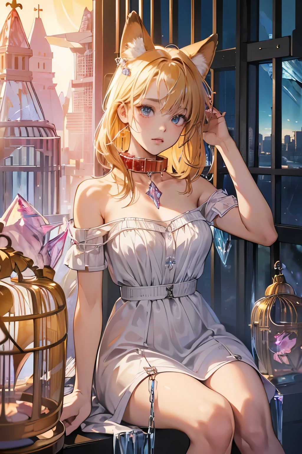 (absurdres, highres, ultra detailed),Masterpiece,intricate details,Best quality,8k,Realistic face,anime girl,Realistic skin texture,magnified textures, stunning clarity, ultra detailed eyes and faces,15 years old girl,tanned skin:1.1,short yellow hair,(suprise),cowboy shot,baby face,(Crystallized city:1.5) ,(science fiction),sitting,,look at viewer,(fox ears),(Chained by a collar:1.5),(she is in big cage:1.7),arms down,