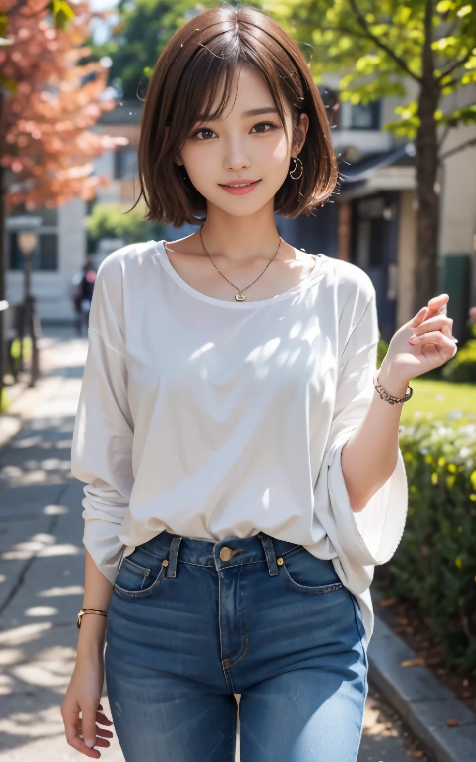 Cute 21 year old Japanese、University、School、campus、Ultra-detailed facial features、Attention to detail、double eyelid、Beautiful thin nose、Sharp Focus:1.2、Beauty:1.4、(Light brown hair、short hair、)、Pure White Skin、highest quality、masterpiece、Ultra-high resolution、(Photorealistic:1.4)、High-definition, professional lighting、nice smile、Please show me your whole body、jeans、Colorful spring clothes、