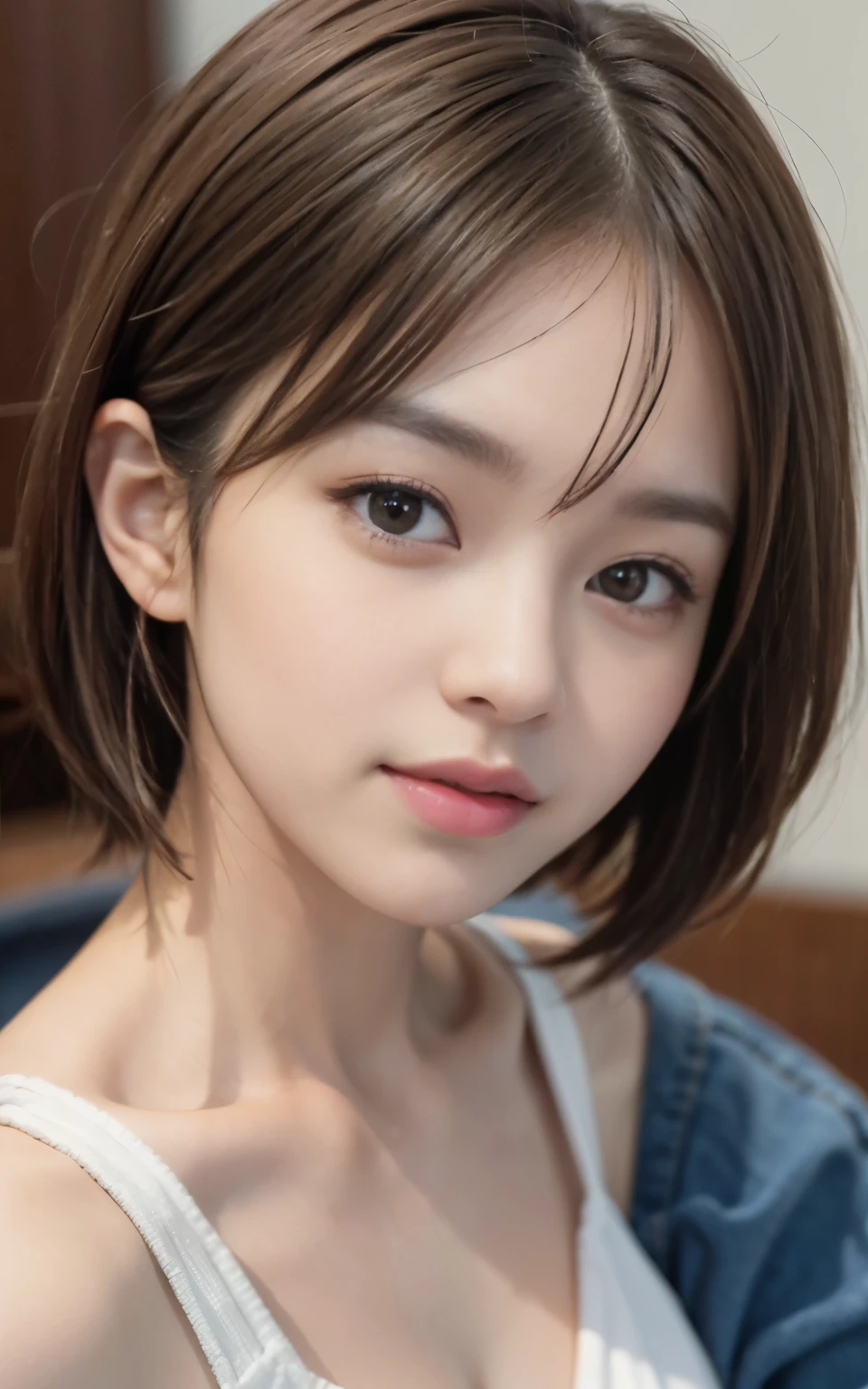 Cute 21 year old Japanese、University、School、campus、Ultra-detailed facial features、Attention to detail、double eyelid、Beautiful thin nose、Sharp Focus:1.2、Beauty:1.4、(Light brown hair、short hair、)、Pure White Skin、highest quality、masterpiece、Ultra-high resolution、(Photorealistic:1.4)、High-definition, professional lighting、nice smile、Please show me your whole body、jeans、Colorful spring clothes、