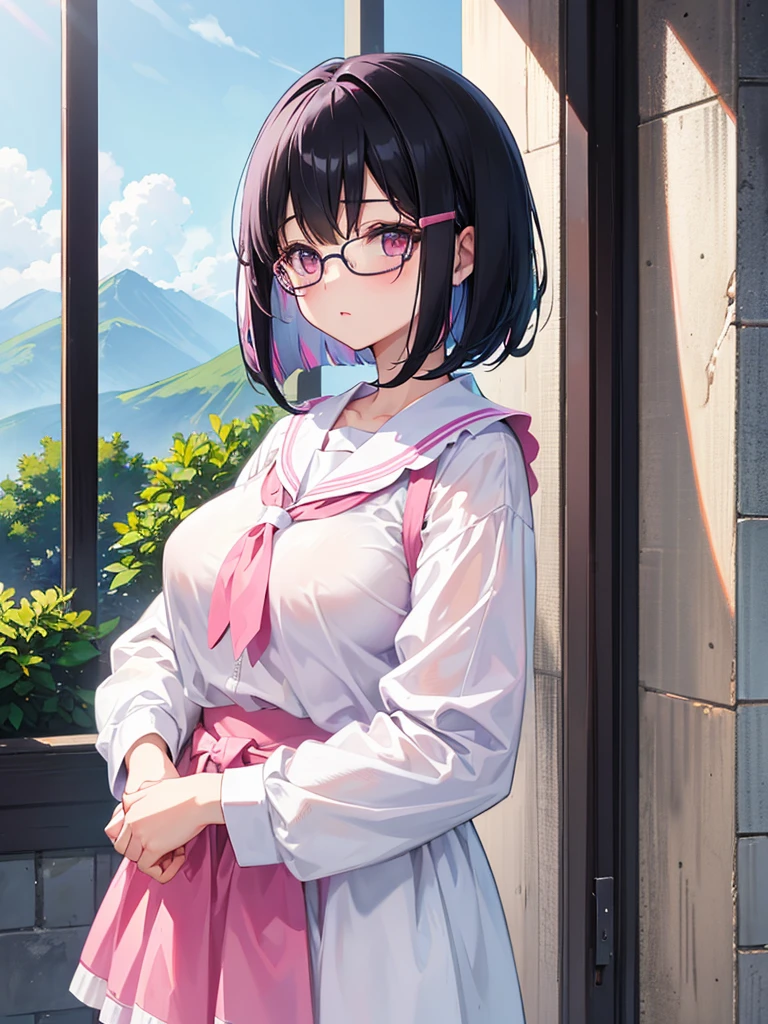 high school girl、Pink round-rimmed glasses、White skin、Pink plump lips、Black Hair、Straight Hair、Bob、Depiction of the upper body、View your viewers、Blushing、Open your lips、Highest quality、Great Wall