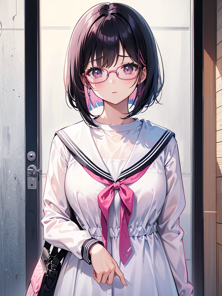 high school girl、Pink round-rimmed glasses、White skin、Pink plump lips、Black Hair、Straight Hair、Bob、Depiction of the upper body、View your viewers、Blushing、Open your lips、Highest quality、Great Wall