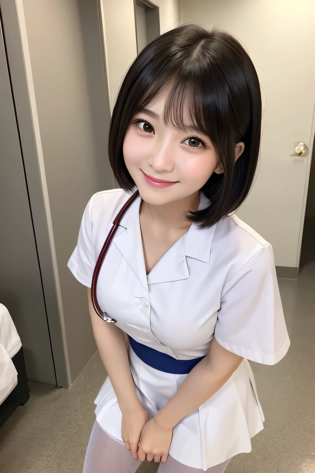 (1 Girl)、(Beautiful Japanese、18years old,round face、Refreshing、clear、seems kind、stylish、Pitiful、cute like an angel、cute、black eyes、,actress,Almond-shaped eyes), Good style , (Beautiful big breasts:1.0),(soft breasts),(very cute),(Black Hair),(short bob hair),(enchanting eyes),(highlight on eyes:1.2)、(8K、Live shooting、highest quality、masterpiece:1.2、optimal lighting)、((masterpiece)),(Photo taken by a professional photographer),(real、photo real:1.4),break,{ (White nurse costume),(((taraditional nurse uniform))),(White nurse mini skirt),(( pantyhose)),(cleavage:0.7)},(Smile),(cheeks are red:1.2), break, break,Hospital,Face shot、Hospital corridor、Happy smile、Face close-up、