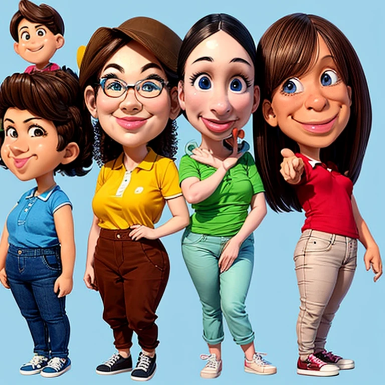 Realistic 3D full body caricatures of big heads, 4 Indonesian women with typical skin colors, fashionably dressed in a random colour polo shirt with a cropped waist, jeans, smiling, sneakers, long wavy brown hair, blue eyes, funny and joke posing sideways. Right arm pointing upwards mini market traditional background illustration render photo realistic 4k ready to print v0.2