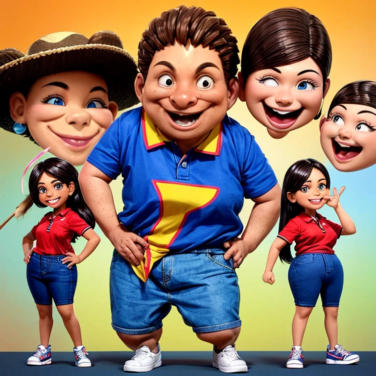 Realistic 3D full body caricatures of big heads, 4 Indonesian women with typical skin colors, fashionably dressed in a random colour polo shirt with a cropped waist, jeans, smiling, sneakers, long wavy brown hair, blue eyes, funny and joke posing sideways. Right arm pointing upwards mini market traditional background illustration render photo realistic 4k ready to print v0.2