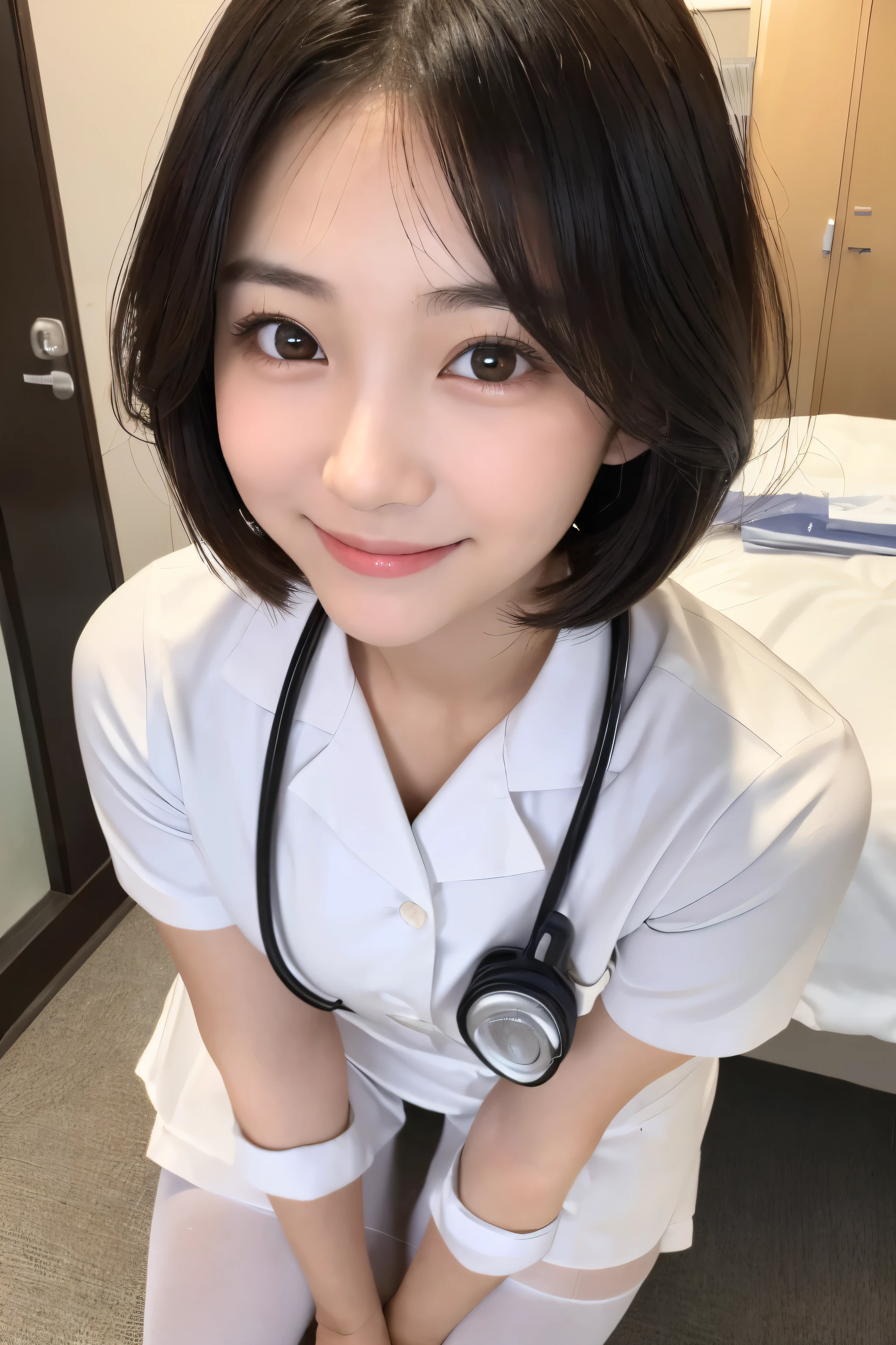 (1 Girl)、(Beautiful Japanese、18years old,round face、Refreshing、clear、seems kind、stylish、Pitiful、cute like an angel、cute、black eyes、,actress,Almond-shaped eyes), Good style , (Beautiful big breasts:1.0),(soft breasts),(very cute),(Black Hair),(short bob hair),(enchanting eyes),(highlight on eyes:1.2)、(8K、Live shooting、highest quality、masterpiece:1.2、optimal lighting)、((masterpiece)),(Photo taken by a professional photographer),(real、photo real:1.4),break,{ (White nurse costume),(((taraditional nurse uniform))),(White nurse mini skirt),(( pantyhose)),(cleavage:0.7)},(Smile),(cheeks are red:1.2), break, break,Hospital,Face shot、Hospital corridor、Happy smile、Face close-up、