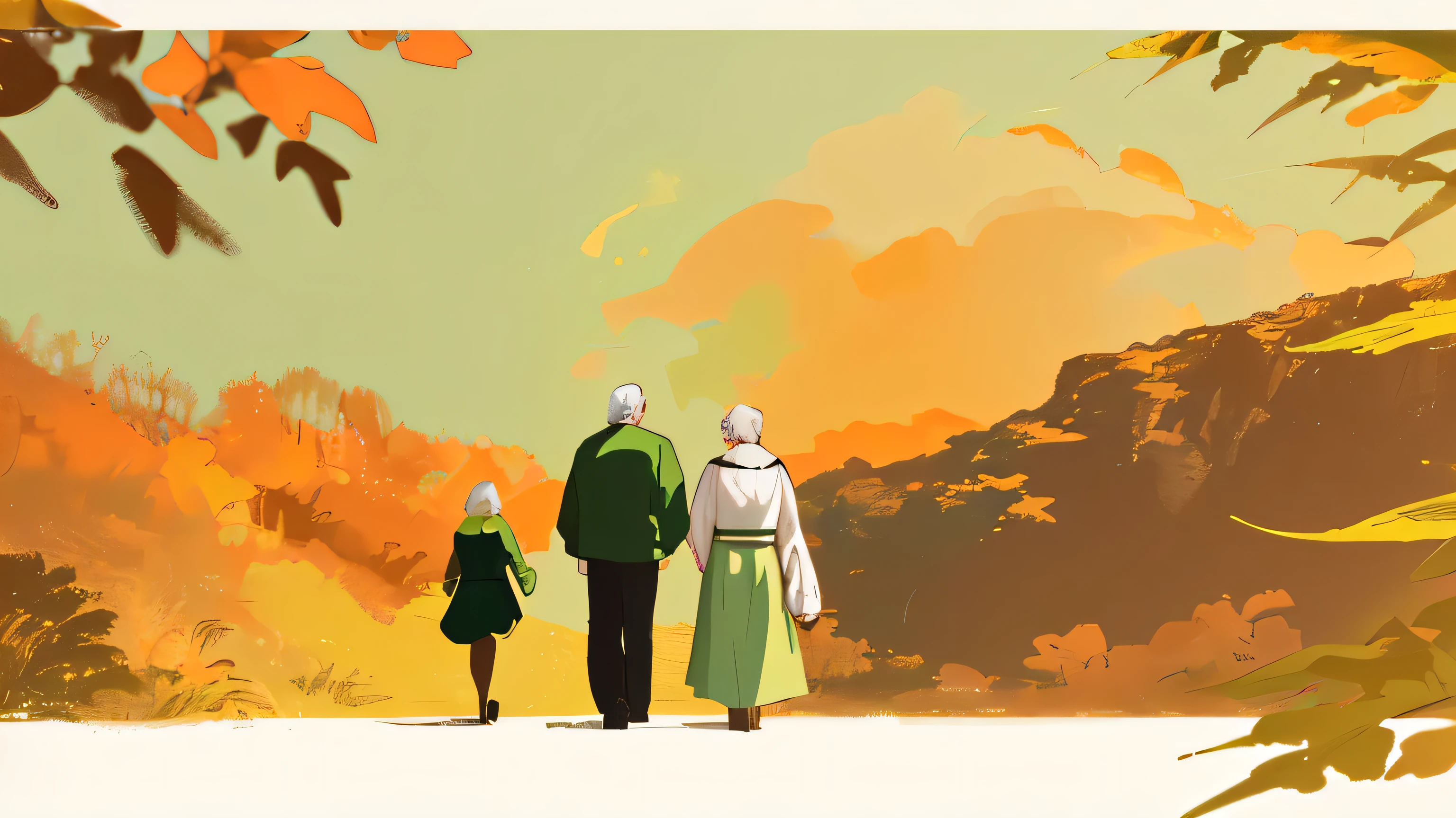 Back view of an elderly couple traveling outdoors，The screen is mostly dark green，A little orange，Smaller character，Leave more space above