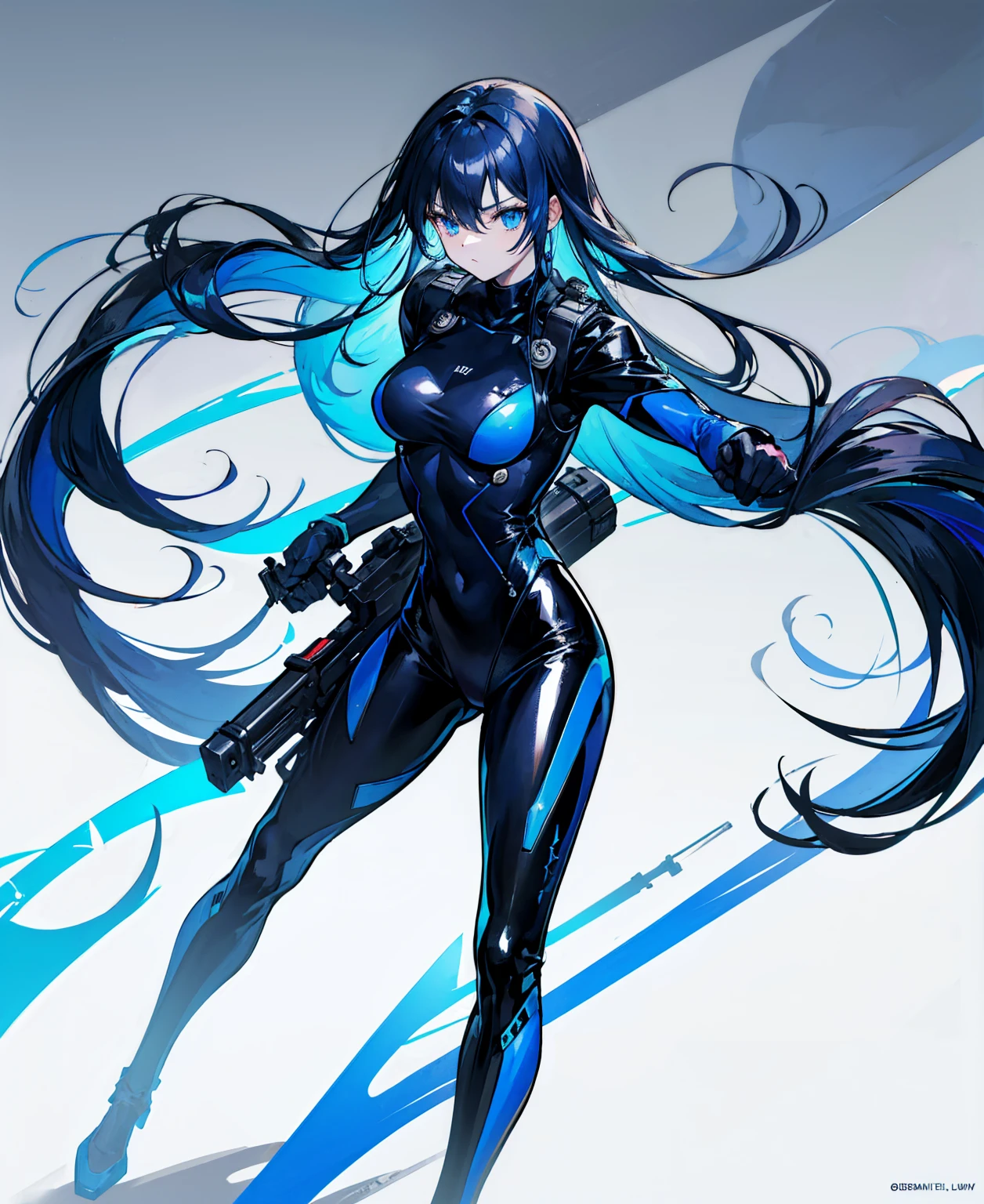 There is no background，girl，Carry a firearm，Patent leather tight suit，Use of firearms，Navy blue long hair，attention arousal，Blue colored eyes,No gradients