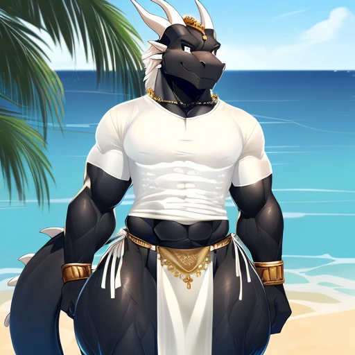 hi res,(((dragon))), ( black body), anthro, , , ((((long loincloth)))), ((((lingerie bikini, s\ex\y bikini, side-tie panties, tiny black thong)))), (((( male, , anthro, slim, skinny, )))), male, , anthro, , slim, Skinny, tail, adults, mature, (((male))), (((((((((solo))))))))) outside, plant, standing, sea, tree, (water), detailed background,by milkytiger1145,by takemoto arashi,by null-ghost, cold atmosphere, open smile, soft blush, , (((((((((((wearing white tshirts))))))))))), (((((((((muscular thighs, thick thighs, wide hips))))))))), (((((golden accessory, loincloth accessory, loincloth jewelry, jewels and ornaments for loincloth, s\ex\y loincloth, belly dancer outfit, long pelvic curtain, narrow loincloth)))))