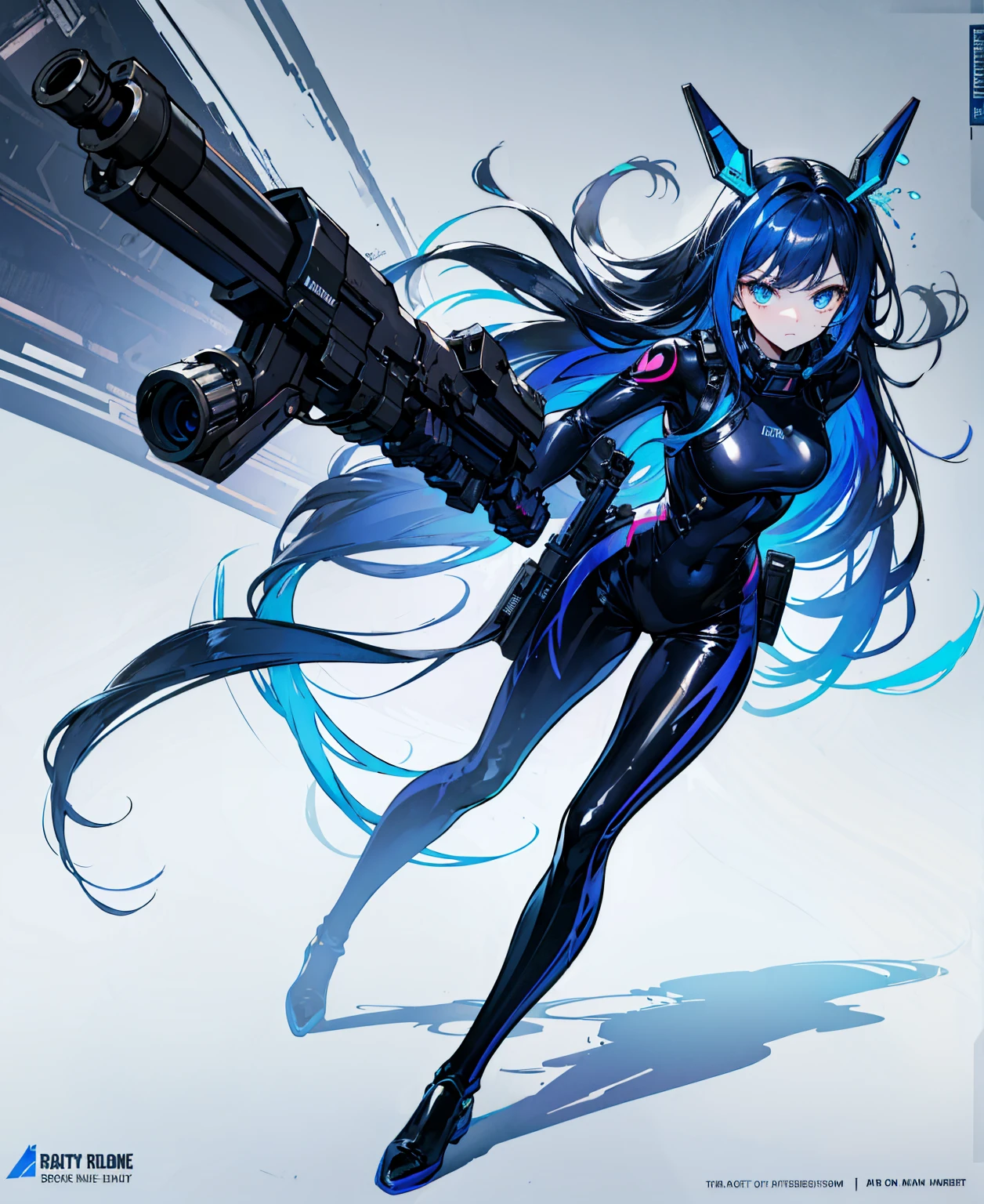There is no background,girl,Carry a firearm,Patent leather tight suit,Use of firearms,Navy blue long hair,attention arousal,Blue colored eyes,No gradients