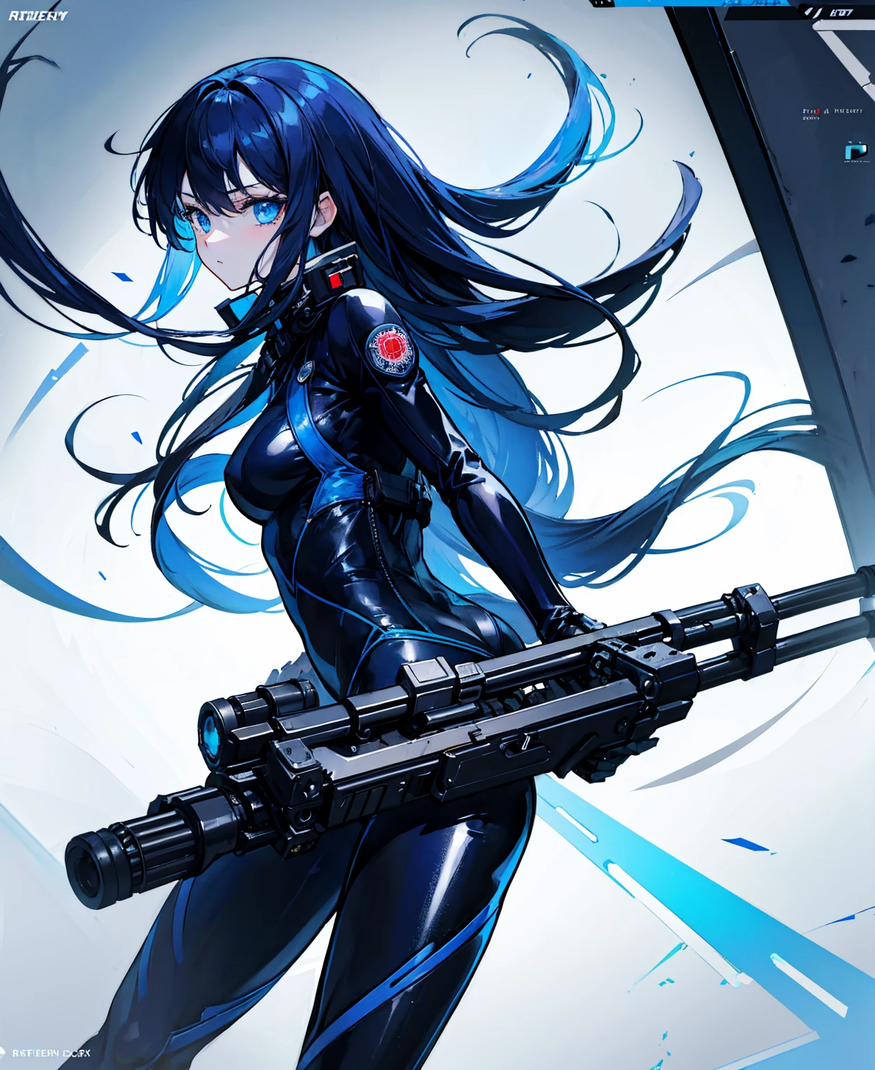 There is no background,girl,Carry a firearm,Patent leather tight suit,Use of firearms,Navy blue long hair,attention arousal,Blue colored eyes,No gradients