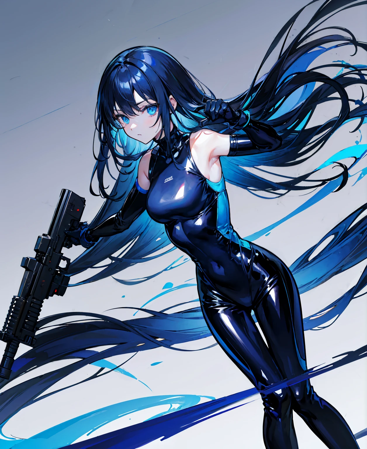There is no background,girl,Carry a firearm,Patent leather tight suit,Use of firearms,Navy blue long hair,attention arousal,Blue colored eyes,No gradients