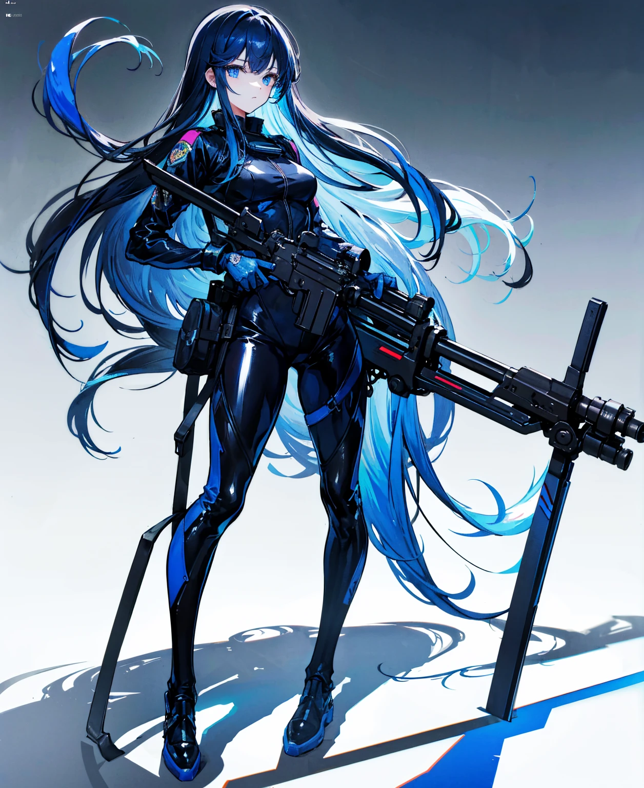 There is no background，girl，Carry a firearm，Patent leather tight suit，Use of firearms，Navy blue long hair，attention arousal，Blue colored eyes,No gradients