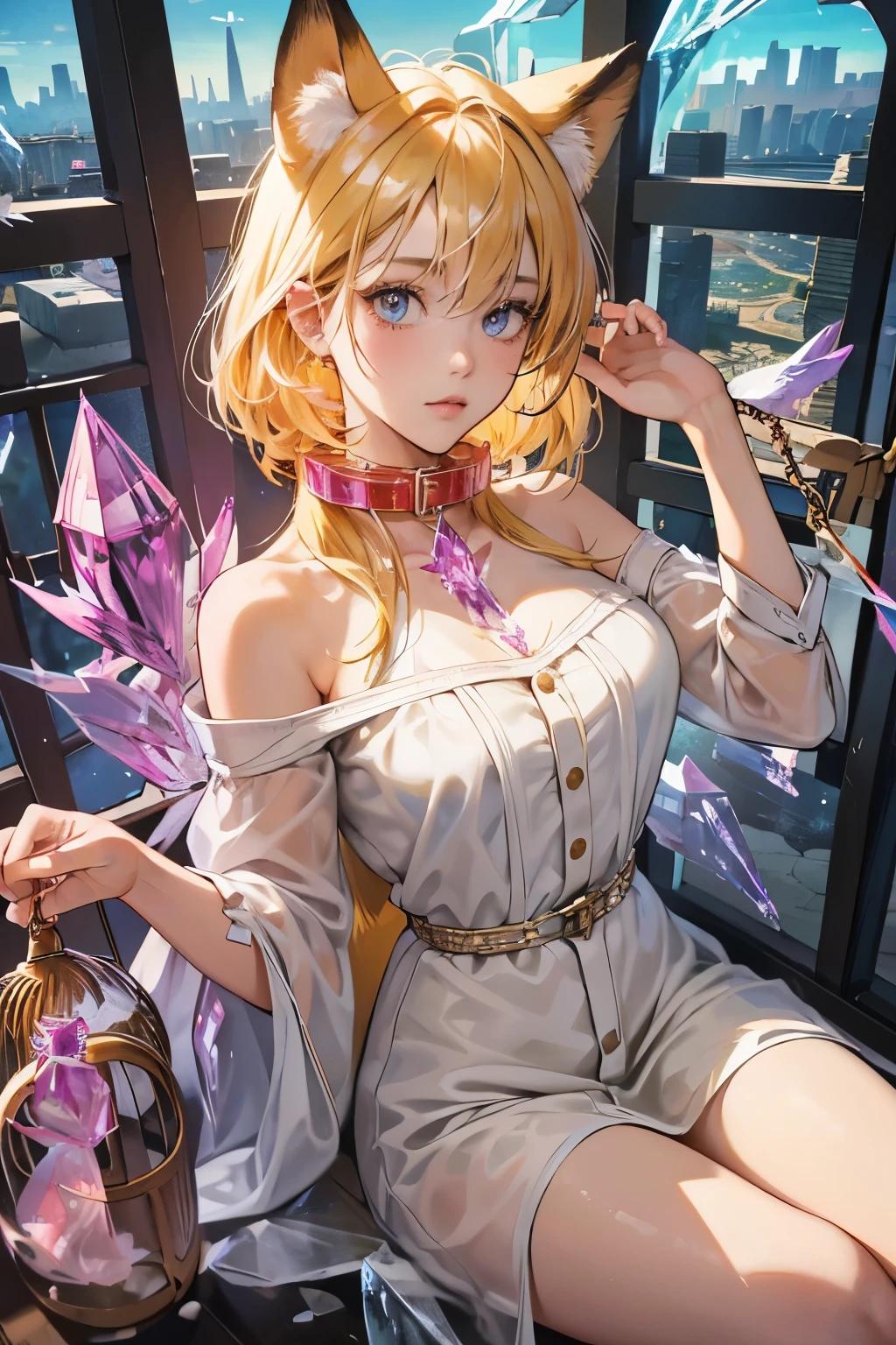 (absurdres, highres, ultra detailed),Masterpiece,intricate details,Best quality,8k,Realistic face,anime girl,Realistic skin texture,magnified textures, stunning clarity, ultra detailed eyes and faces,15 years old girl,tanned skin:1.1,short yellow hair,(suprise),cowboy shot,baby face,(Crystallized city:1.5) ,(science fiction),sitting,,look at viewer,(fox ears),(Chained by a collar:1.5),(she is in big cage:1.7),arms down,