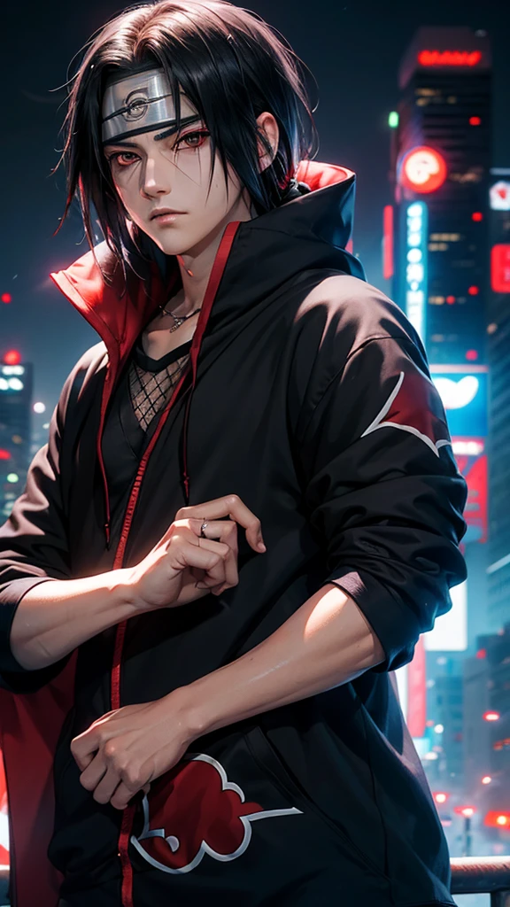 Masterpiece, uchiha itachi, cyberpunk style, 1boy, black eyes, male focus, solo, simple background, upper body, looking at viewer, urban streetwear, cyberpunk hoodie, high detailed, dinamic lightning