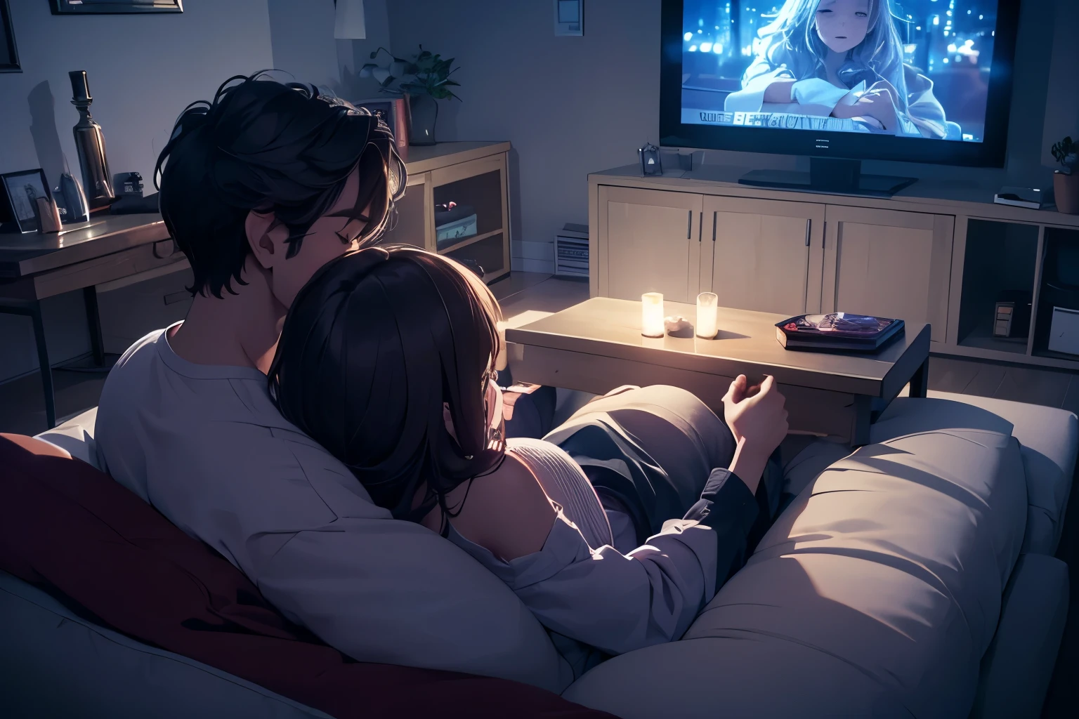 man,girl,(best quality,8K),high detail,HD,epic quality,man and girl watching movies at home sitting on the couch,romantic setting,soft lighting,vivid colors,cozy atmosphere,candlelit room,popcorn,snacks,blanket,holding hands,smiling faces,romantic mood,movie projector,sound system,comfy cushions,romantic comedy,heartwarming scene,magical ambiance,subtle background music,laptop screen,enthusiastic expressions,romantic movie night,shadow play,surround sound,love and affection,cozy living room,sweet gestures,joyful laughter,comfortable clothing,romantic movie scenes,heartfelt emotions,tender moments,dreamy atmosphere,movie night tradition