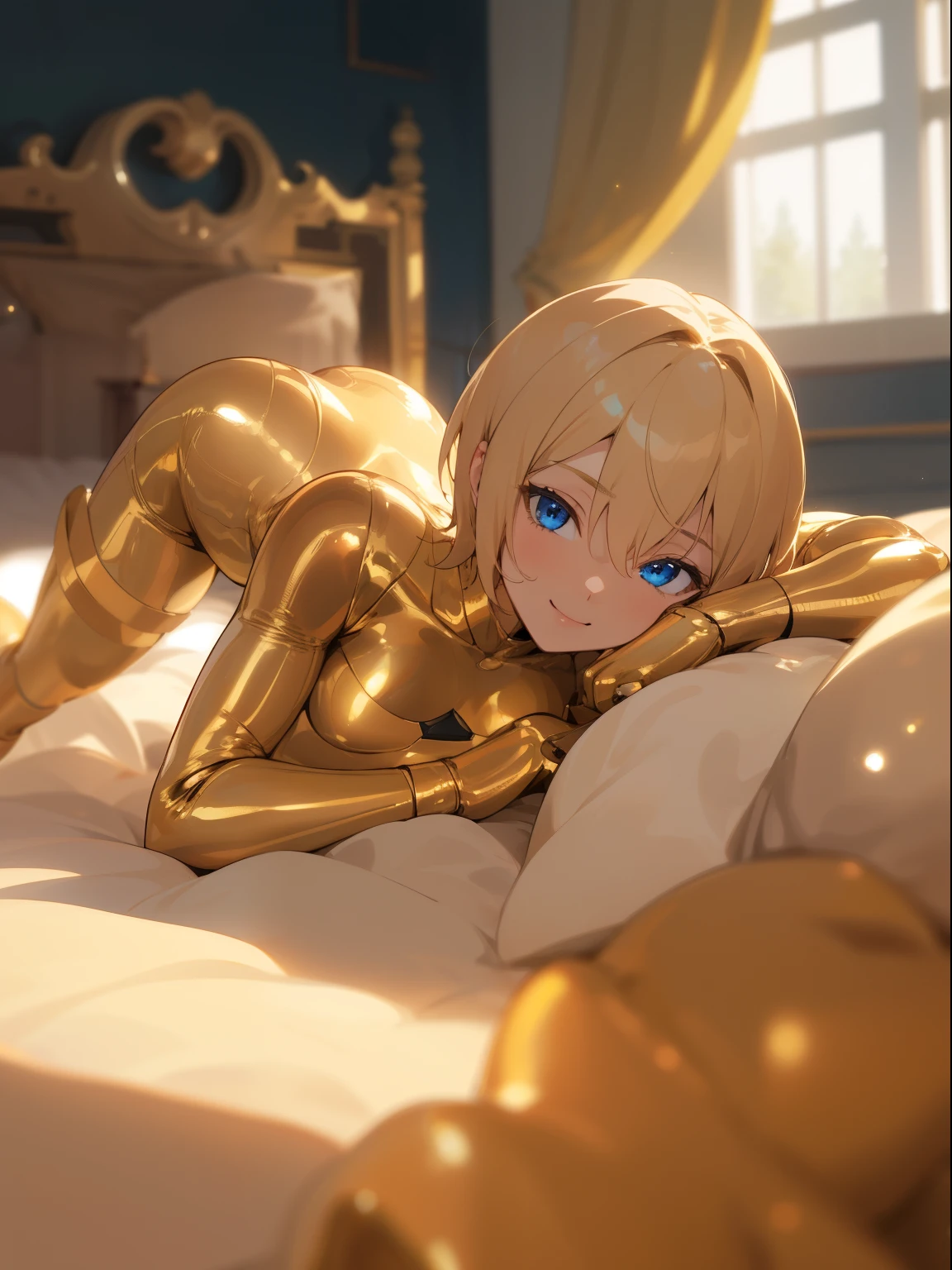 depth of field, perfect lighting, light particles,(best quality),(masterpiece),(ultra detailed),sharp focus, blue eyes, blonde hait,short hair, smile, solo, bedroom, bed, scenery,20 years old,medium breasts superhero golden latex outfit, ((on bed))