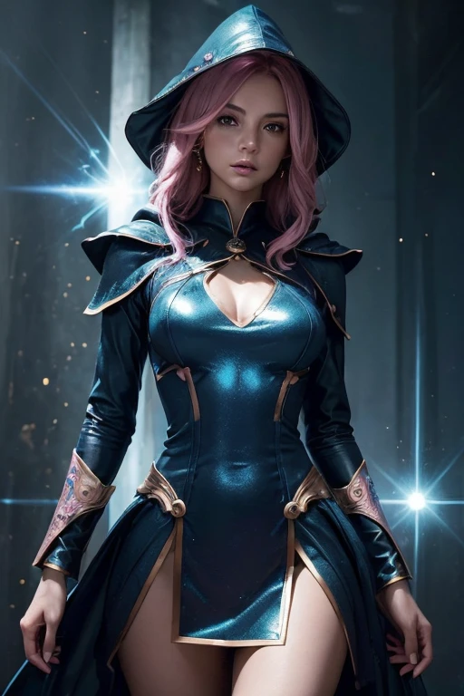 (master piece:1.8), (best quality:1.8), (exquisite lighting and shadow, highly dramatic picture, cinematic lens effect) 8k, wallpaper, looking at the viewer, female gold hair thin and shorty young fantasy witch lady wearing a futuristic dark blue tunic with pink ornaments, dark blue mini dress with pink ornaments, pink lines in dress, pointy hooded tunic, pink mini skirt, holding a smart phone, thin waist, notorious hips, serious look in the eyes, beautiful eyes, beautiful lips, blue shiny energy magic circle background, blue glowing magic intricate circle behind, blue stars, blue energy flying spots behind, ethereal lightning, sharp focus