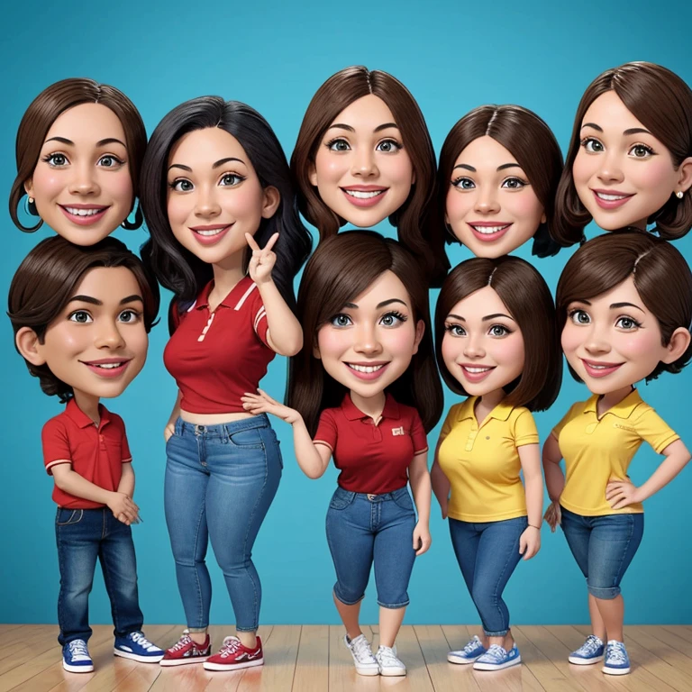 Realistic 3D full body caricatures of big heads, 4 Indonesian women with typical skin colors, fashionably dressed in a random colour polo shirt with a cropped waist, jeans, smiling, sneakers, long wavy brown hair, blue eyes, funny and joke posing sideways. Right arm pointing upwards mini market traditional background illustration render photo realistic 4k ready to print v0.2